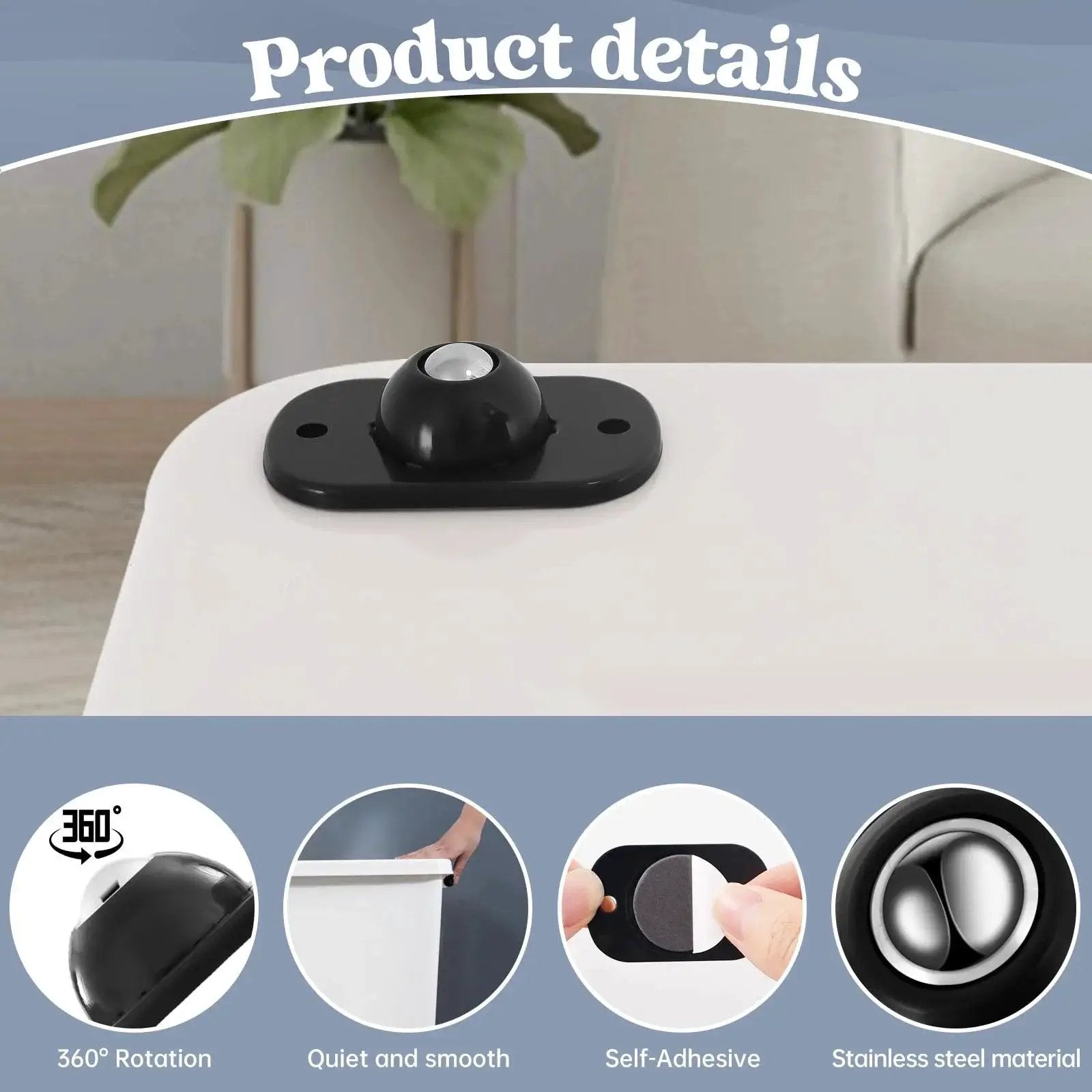 8 Pcs Self Adhesive Caster Wheels For Appliances And Small Furniture With 360 Degree Swivel Rotation Durable ABS And Stainless Steel Bearings Black Easy To Install On Most Surfaces Providing Smooth Glide For Heavy Trash Cans Bins And Storage Boxes