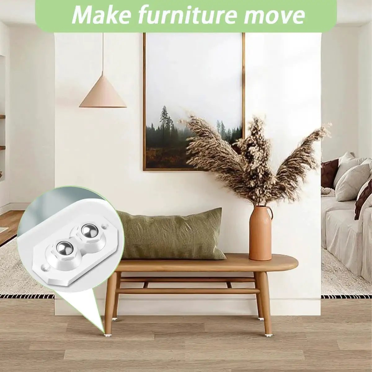 Front view of a living room with 12 Pcs Self Adhesive Caster Wheels Stainless Steel 360 Degree Swivel Low Profile Rollers installed on furniture.