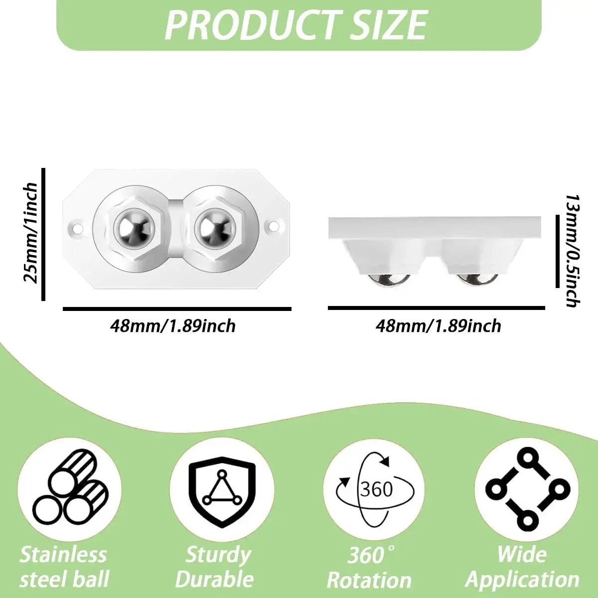 12 Pcs Self Adhesive Caster Wheels Stainless Steel 360 Degree Swivel Low Profile Rollers for furniture, side view and dimensions