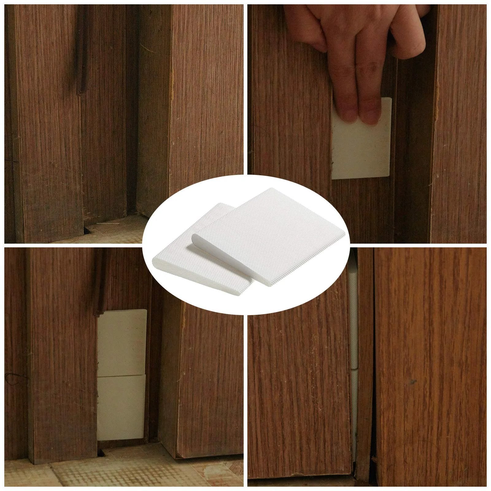 Self Adhesive Door Corner Seals For Weather Stripping And Draft Blocking White 8 Pack installed in door gap, showing application process.