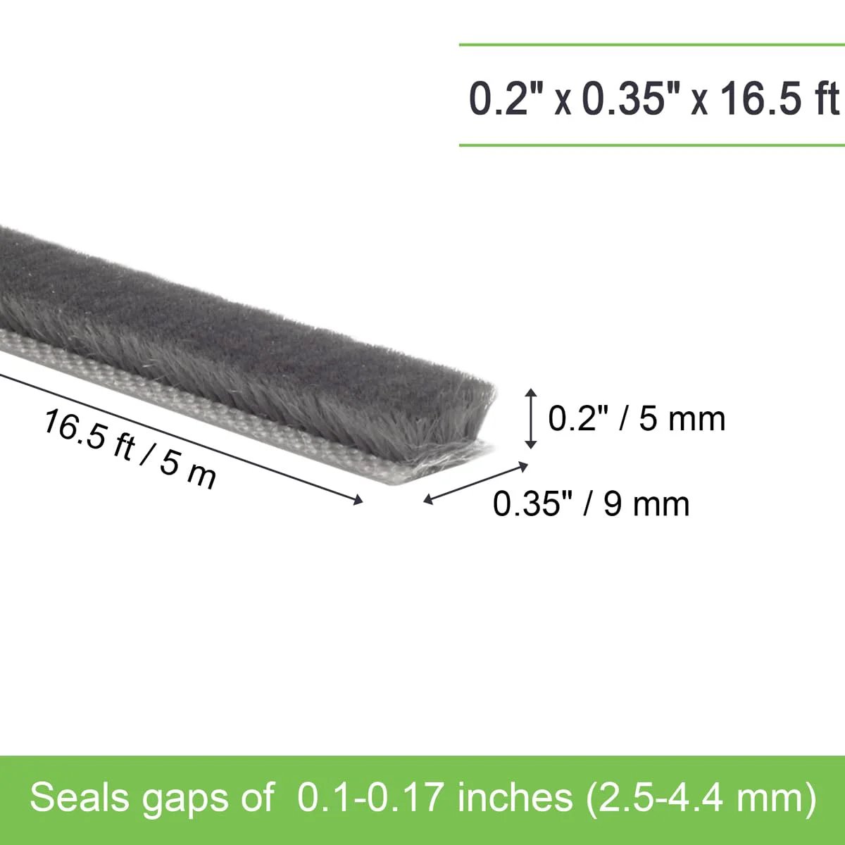 Self Adhesive Weather Stripping Seal For Doors And Windows That Blocks Drafts And Noise Gap Filler For Sliding Exterior Front And Jamb Frames 0.2 Inch By 0.35 Inch By 16.5 Feet Gray, showing cross-section and size.