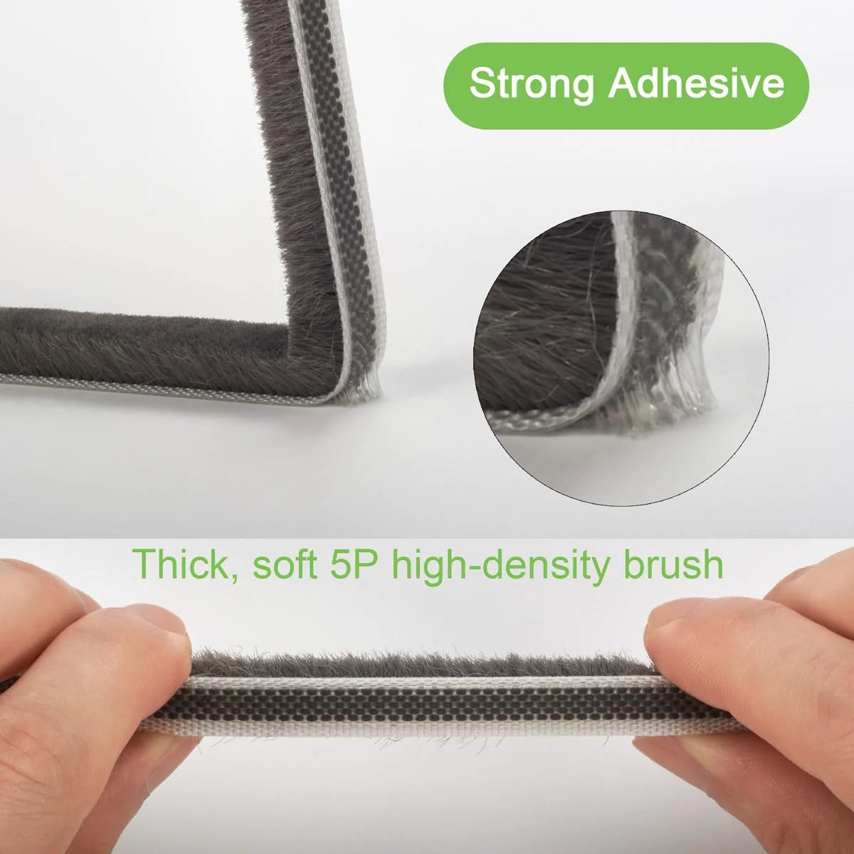 Self Adhesive Weather Stripping Seal For Doors And Windows That Blocks Drafts And Noise Gap Filler For Sliding Exterior Front And Jamb Frames 0.2 Inch By 0.35 Inch By 16.5 Feet Gray, showing thick high-density brush and strong adhesive.