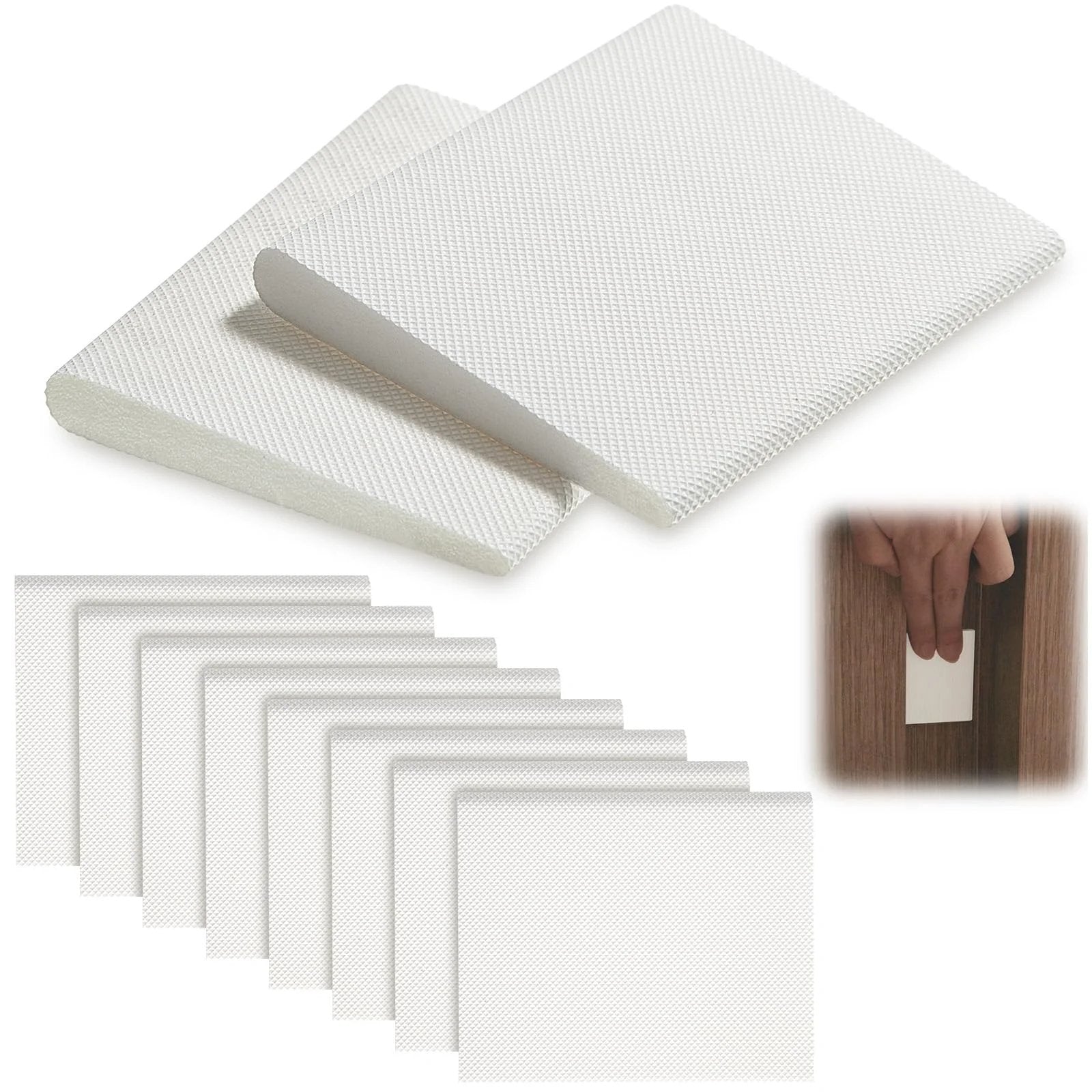 Self Adhesive Door Corner Seals For Weather Stripping And Draft Blocking White 8 Pack with close-up view and installation method.