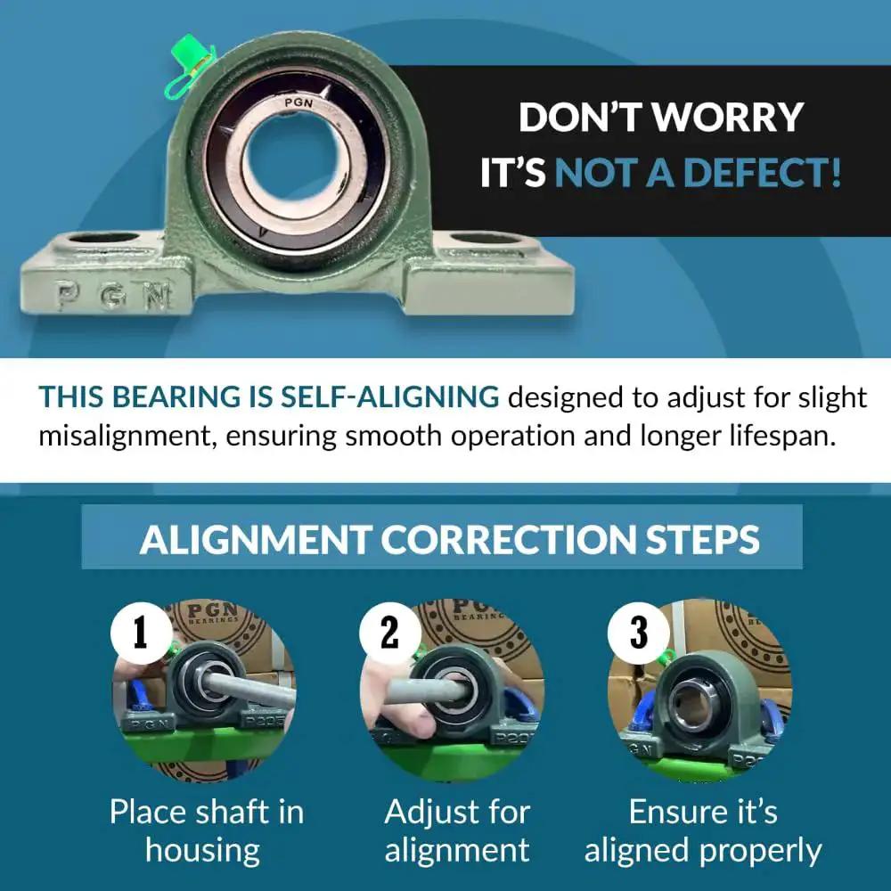 Self Aligning Pillow Block Bearing Set 4 Pack UCP20412 with alignment correction steps for industrial equipment by PGN