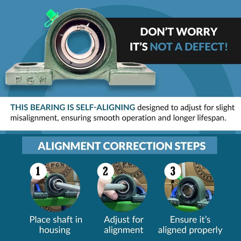 UCP205-16 Pillow Block Bearing - Pack of 2 Mounted Chrome Steel Bearings with 1" Bore - Self Alignment, shown with alignment steps