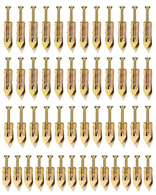 100 pcs self drilling drywall anchors and screws kit with 4 size metal expansion anchors made from zinc plated manganese steel no drill installation reusable design for picture hanging shelves mirrors and cabinets