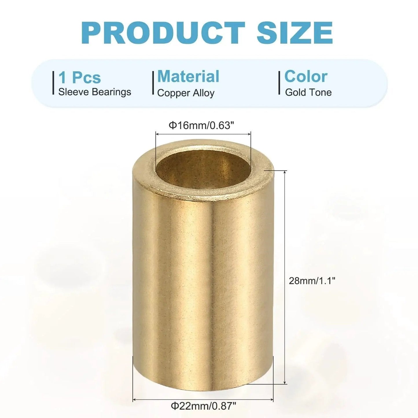 Self-Lubricating Brass Sleeve Bearing Bushing For Sliding Movements, 16mm Bore, 22mm Outer Diameter, 28mm Length, Gold Tone, Front View