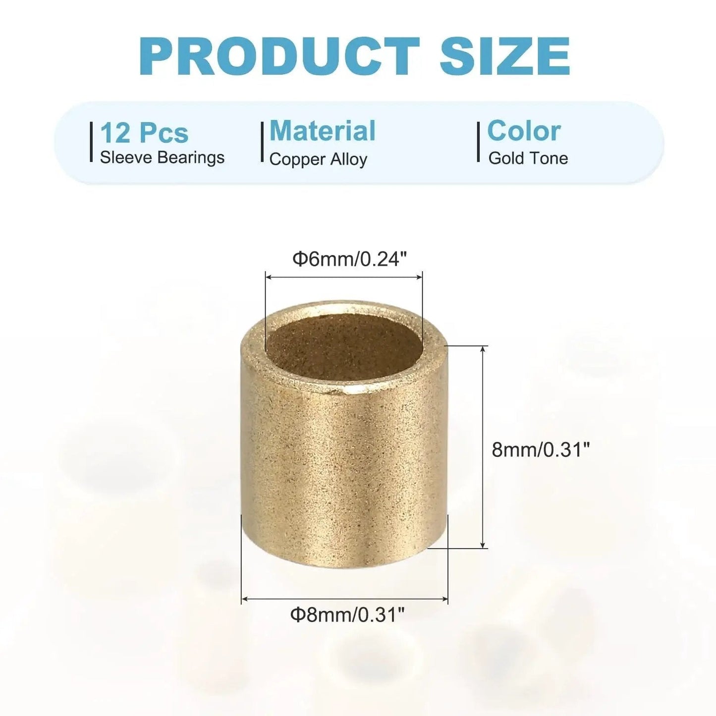 Self Lubricating Cast Brass Sleeve Bearings 6mm Bore x 8mm OD x 8mm Length Gold Tone Pack of 12 product size details