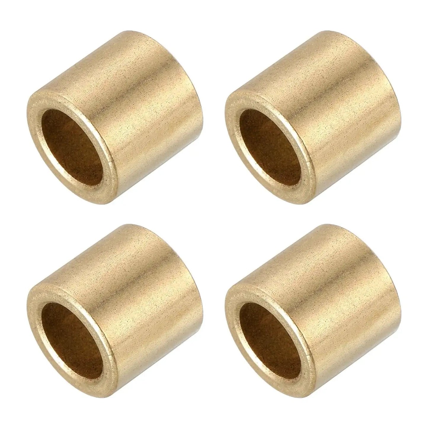 Set of 4 gold tone self-lubricating brass sleeve bearings 12mm bore 16mm OD 12mm length for machinery and automotive use.