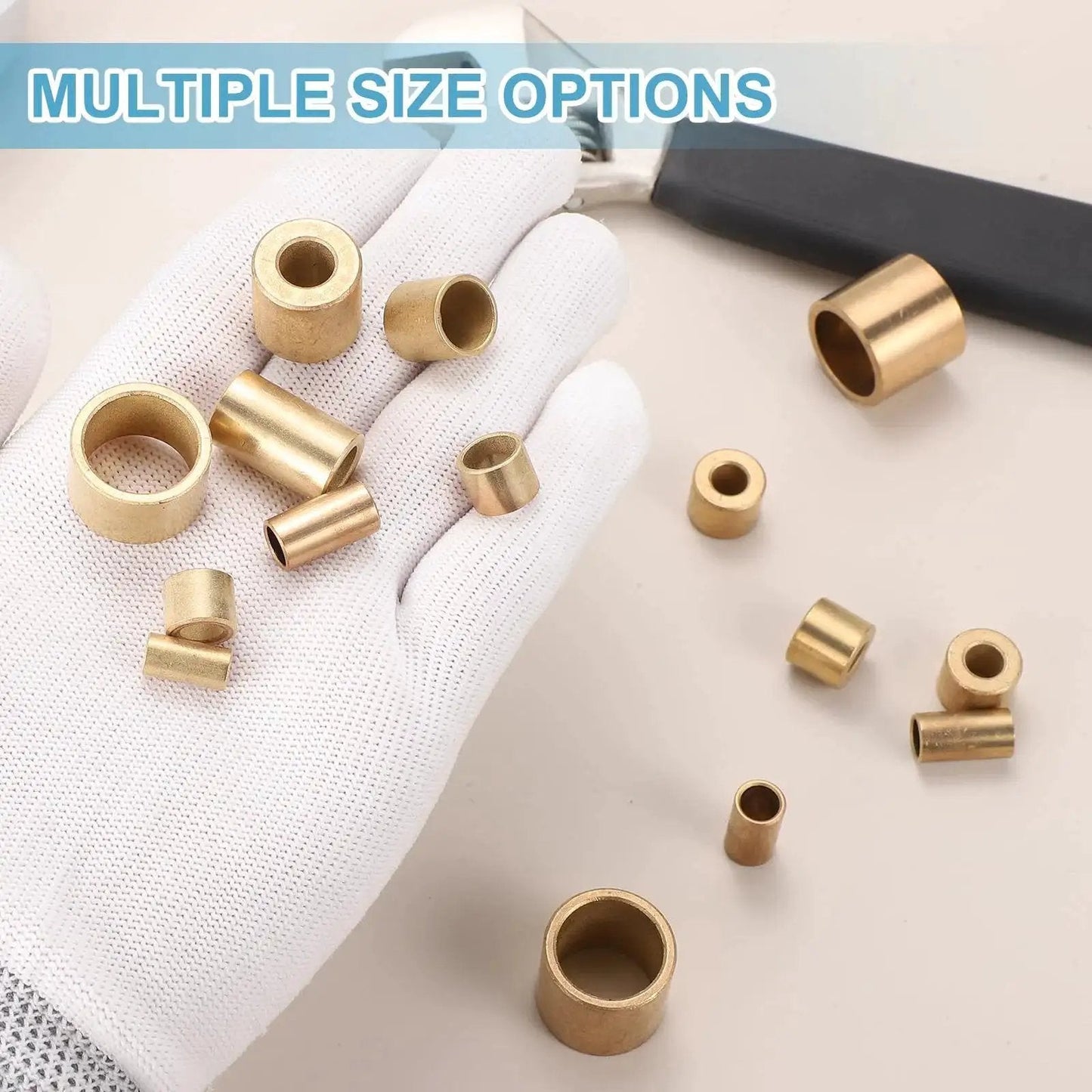 Self Lubricating Cast Brass Sleeve Bearings 6mm Bore 8mm OD 6mm Length Pack of 12 displayed in hand with multiple sizes shown