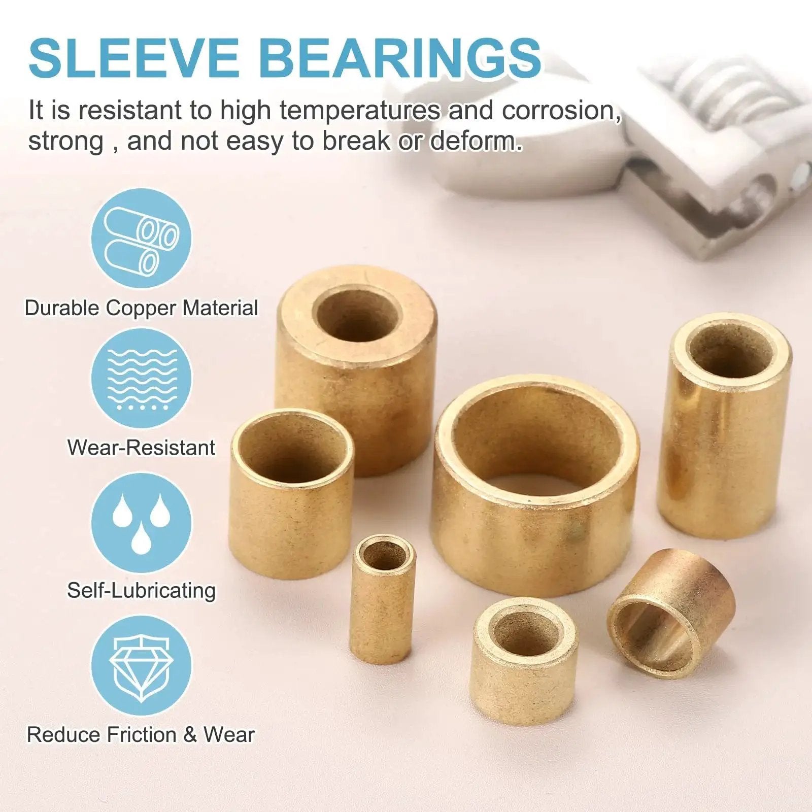 Self Lubricating Cast Brass Sleeve Bearings 8mm Bore x 12mm OD x 20mm Length Pack Of 4, shown with durability features.