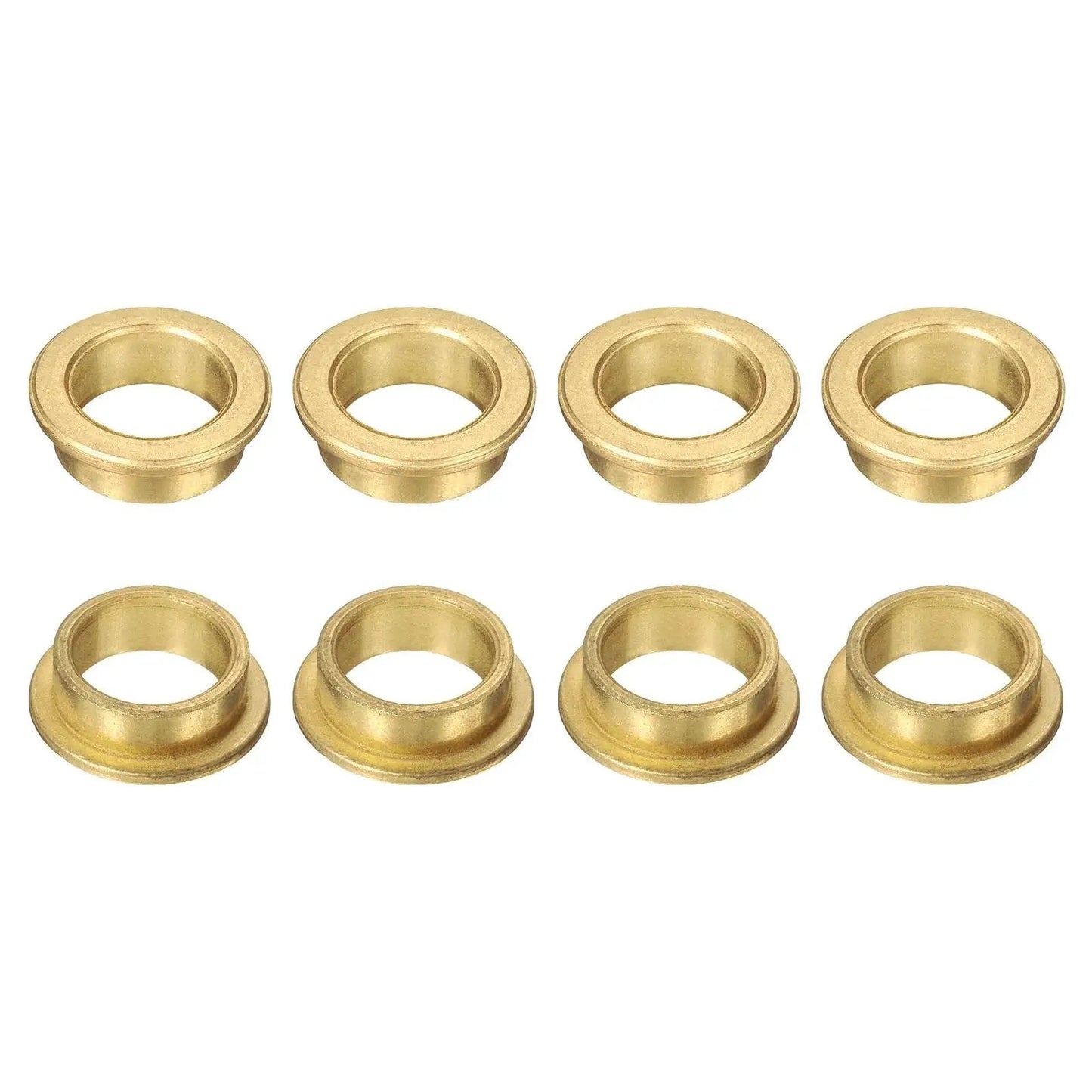 Eight Pieces Flange Sleeve Bearings 16mm Bore 20mm Outer Diameter 8mm Length Self Lubricating Sintered Bronze Bushings on white background