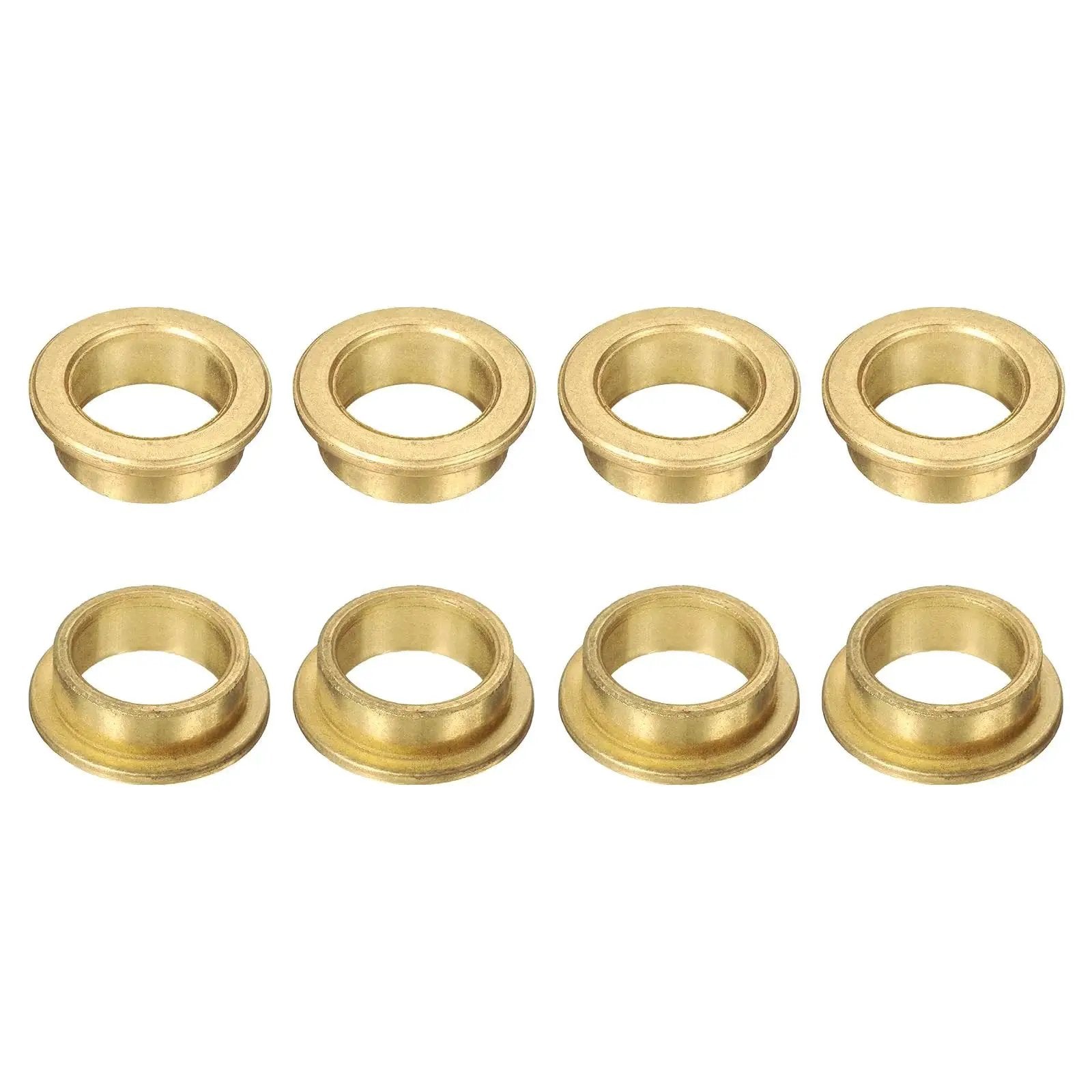 Eight Pieces Flange Sleeve Bearings 16mm Bore 20mm Outer Diameter 8mm Length Self Lubricating Sintered Bronze Bushings on white background