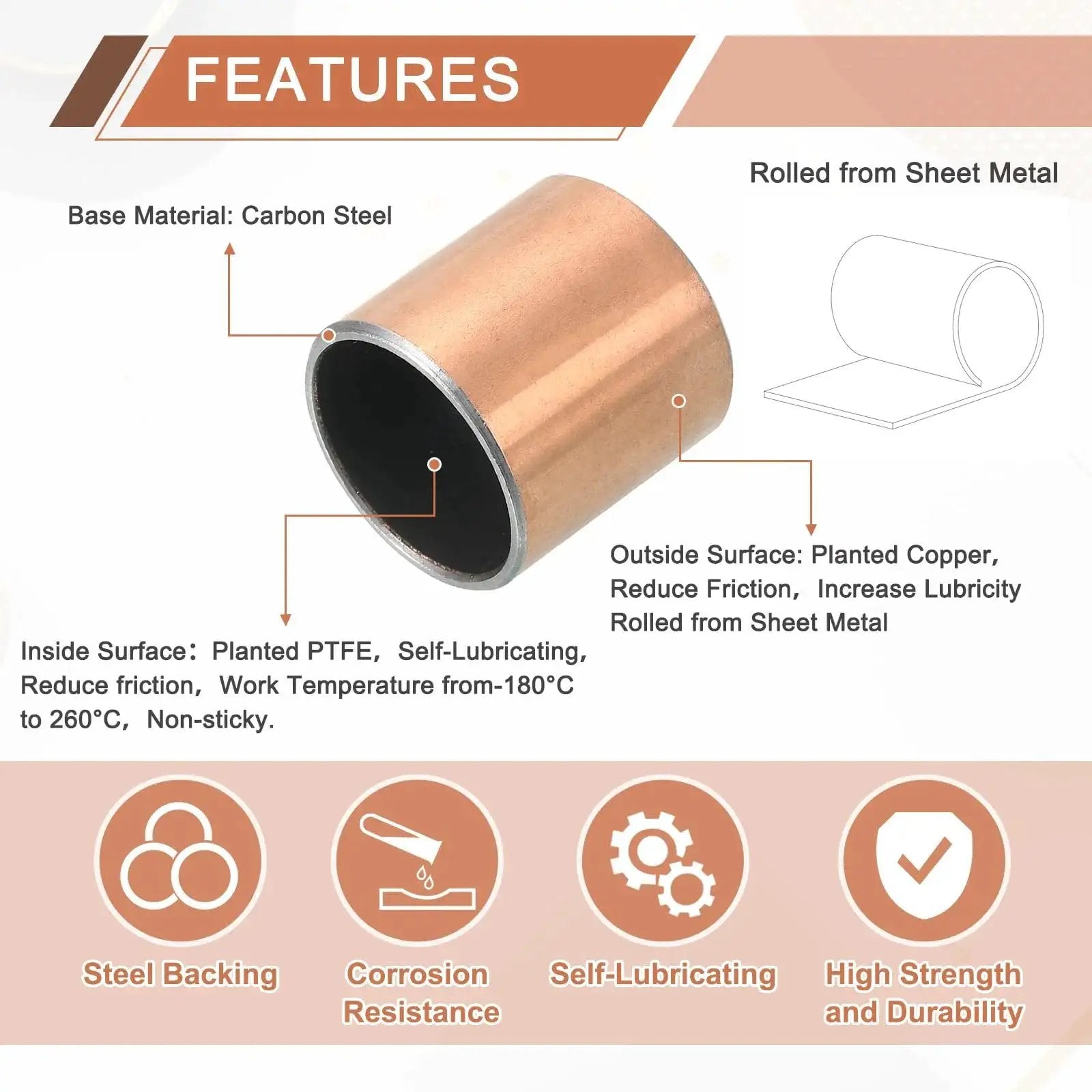Features of Two Pieces Sleeve Bearing 0.875 Inch Bore 1 Inch Outer Diameter 1 Inch Length Self Lubricating Oilless Bushings, close-up