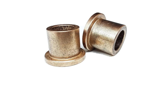Pair of self lubricating bronze sleeve bearings, 0.502 inch ID, SAE 841 bronze, designed for low friction, quiet mechanical operations.