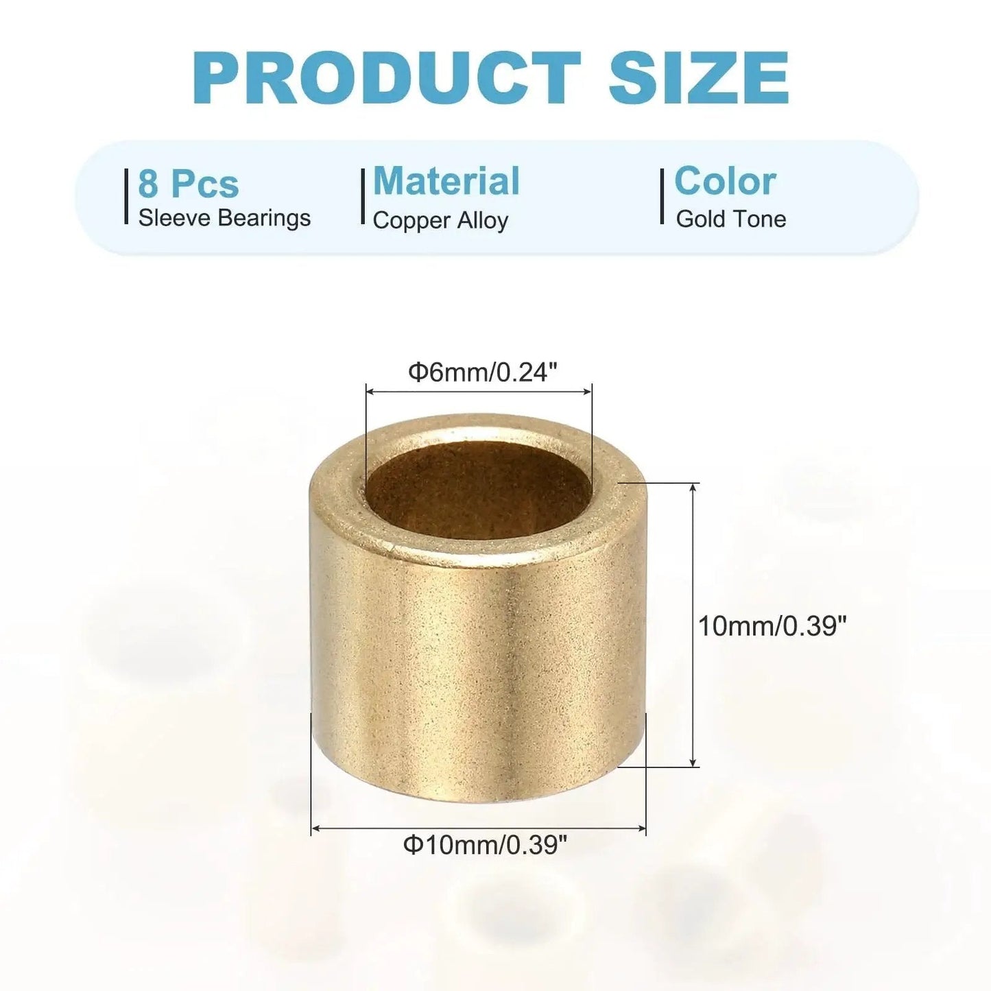 Self Lubricating Cast Brass Sleeve Bearings 6mm Bore 10mm OD 10mm Length Pack Of 8 Gold Tone with dimensions.