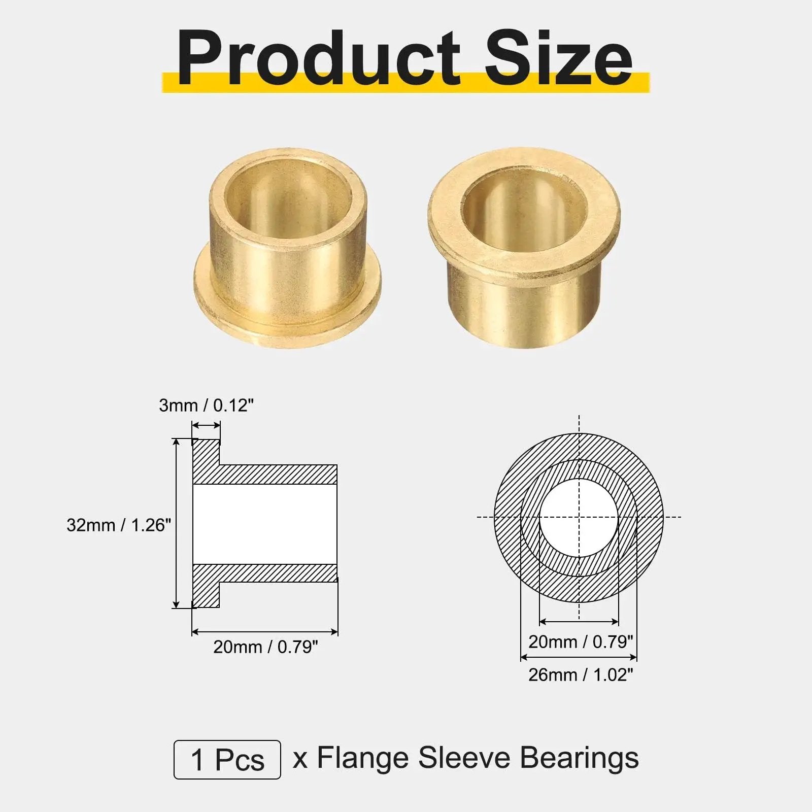 Flange Sleeve Bearing 20mm Bore 26mm Outer Diameter 20mm Length Self Lubricating Sintered Bronze Bushing Size Diagram