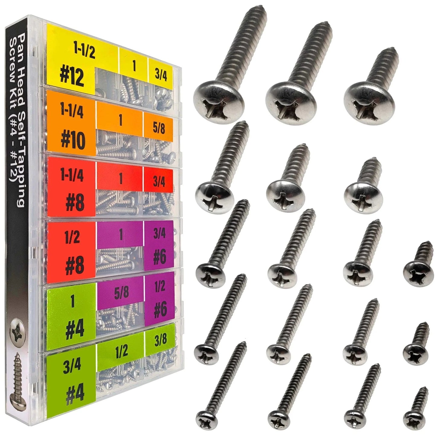 552 Pcs Self Tapping Screws Assortment Set Featuring SAE #4 #6 #8 #10 #12 Pan Head Phillips Drive Screws Made from 304 Stainless Steel with Multiple Lengths Organized in Storage Case for Wood Plastic and Sheet Metal