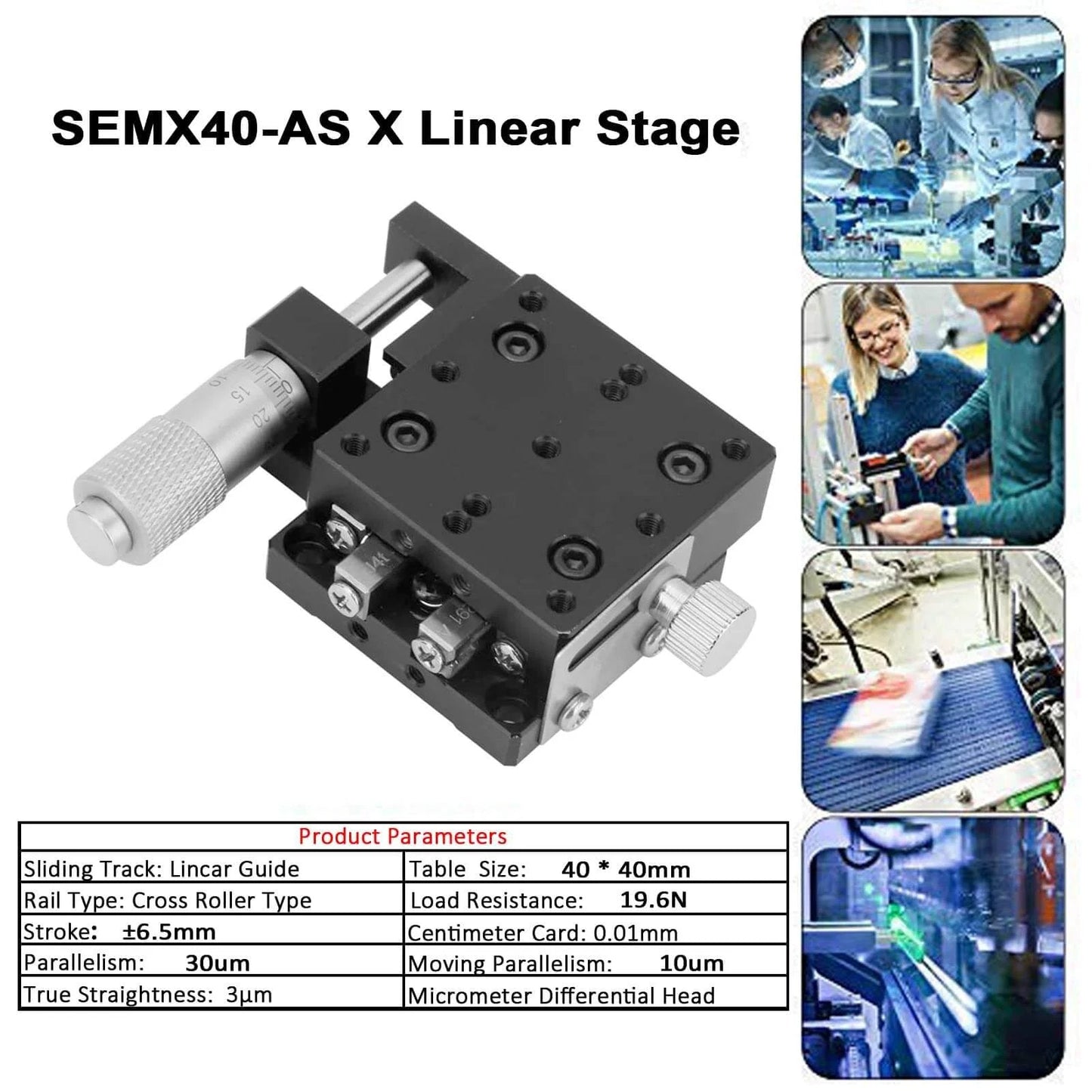 SEMX40-AS X Micrometer Linear Stage, 40×40mm manual tuning for CNC axis motion, anti-backlash setup, smoother travel under load
