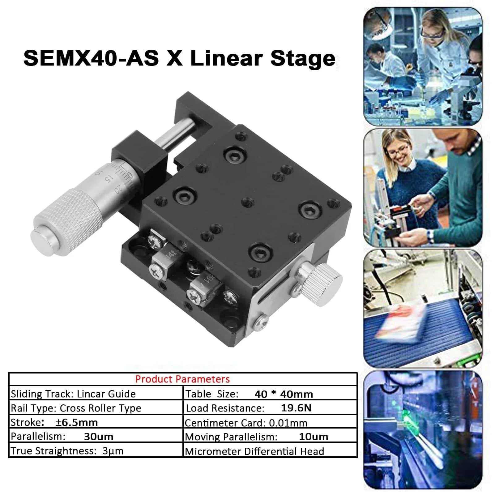 SEMX40-AS X Micrometer Linear Stage, 40×40mm manual tuning for CNC axis motion, anti-backlash setup, smoother travel under load
