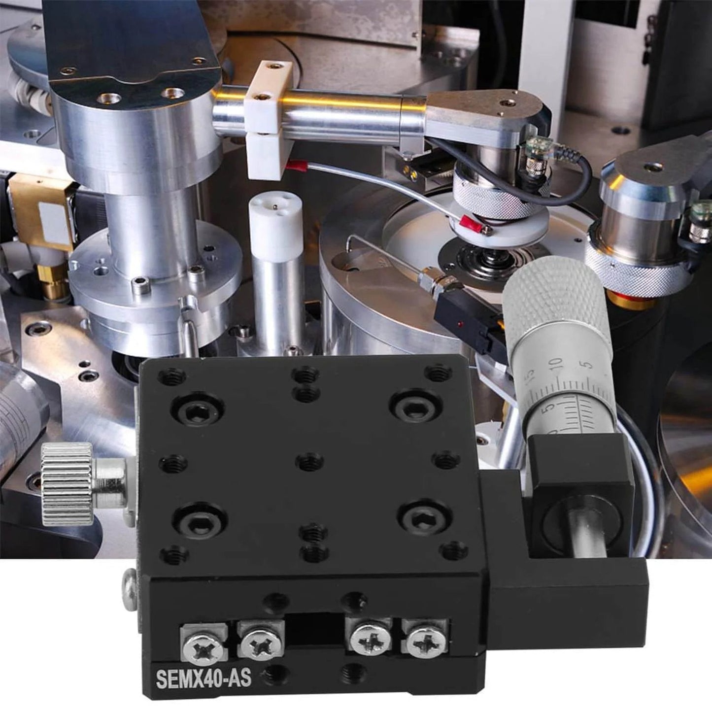 SEMX40-AS X Micrometer Linear Stage, 40×40mm manual fine-tuning crossing roller in CNC setup for precise displacement and smoother motion.