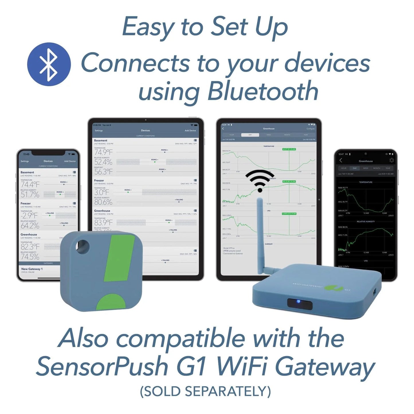 Smart Indoor Outdoor Temperature And Humidity Monitor With App Monitoring And Heat Index For Fridge RV And More No Fuss Setup In Seconds And Real Time Alerts For Temperature Humidity And Battery Status SensorPush displayed with Bluetooth app connectivity on devices.