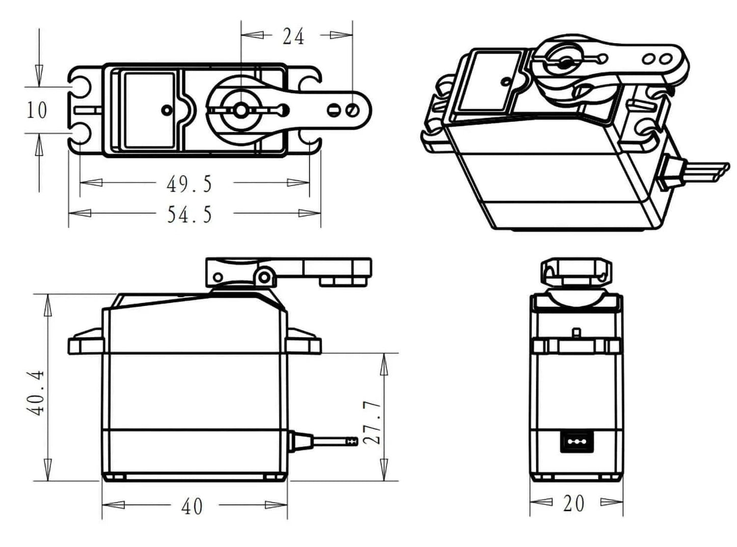 Technical drawing of Servo High Torque Metal Gear Standard Digital Servo 25KG/0.13S 6.8V for 1/8 1/10 RC Cars with dimensions.