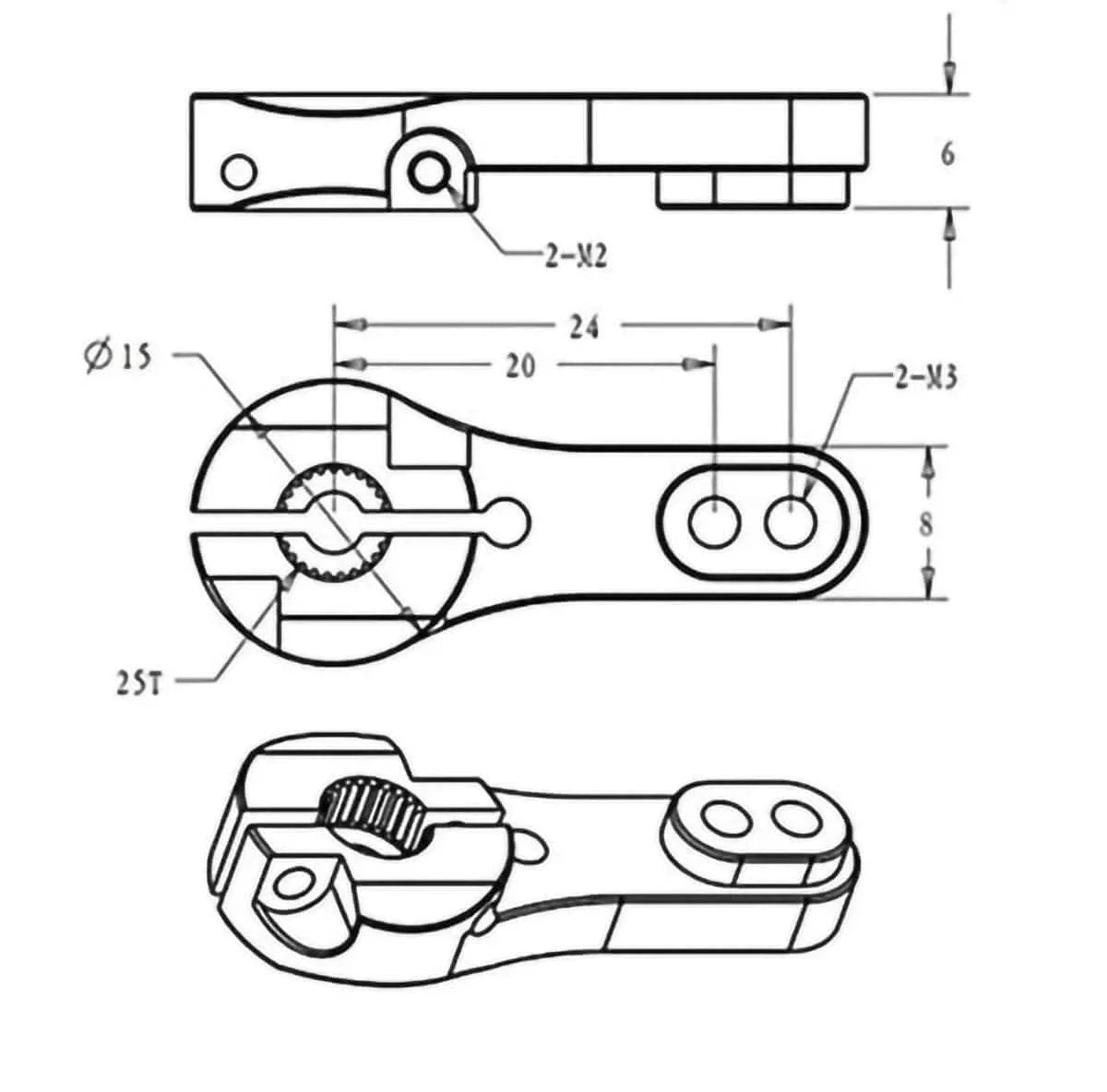 Technical drawing of Servo High Torque Metal Gear Standard Digital Servo 25KG/0.13S 6.8V for 1/8 1/10 RC Cars arm component.