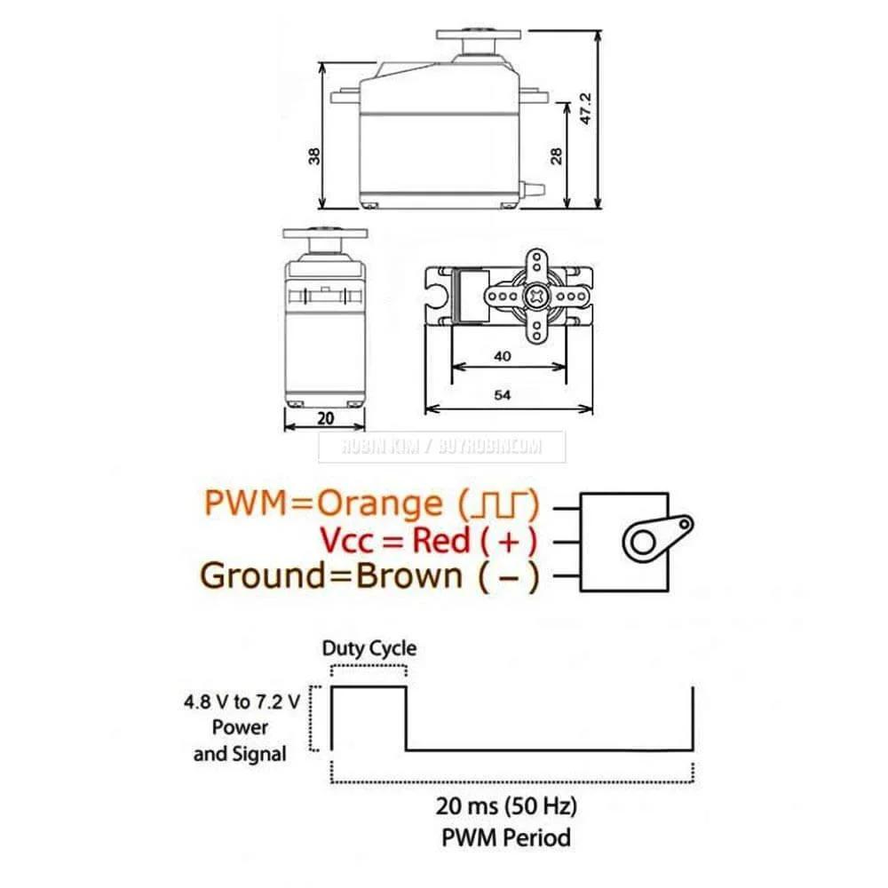 Technical diagram of 4-Pack Servo Motor MG995 Control Angle180 Metal Gear Servo 13KG Digital High Speed Torque Servo Motor for DIY Smart Robot Toys RC Toy Car Model Helicopter RC Boat showing dimensions and wiring details.