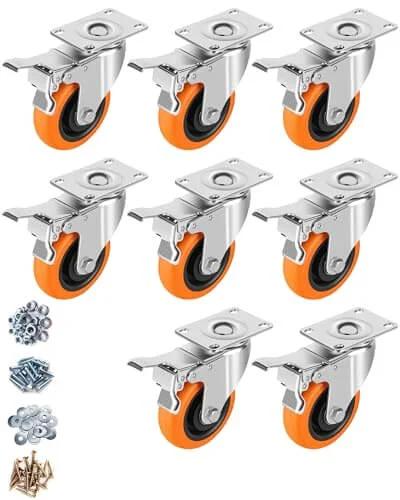 2 Inch Heavy Duty Locking Caster Wheels Set of 4 with orange polyurethane swivel plate casters and hardware, non marking quiet roll