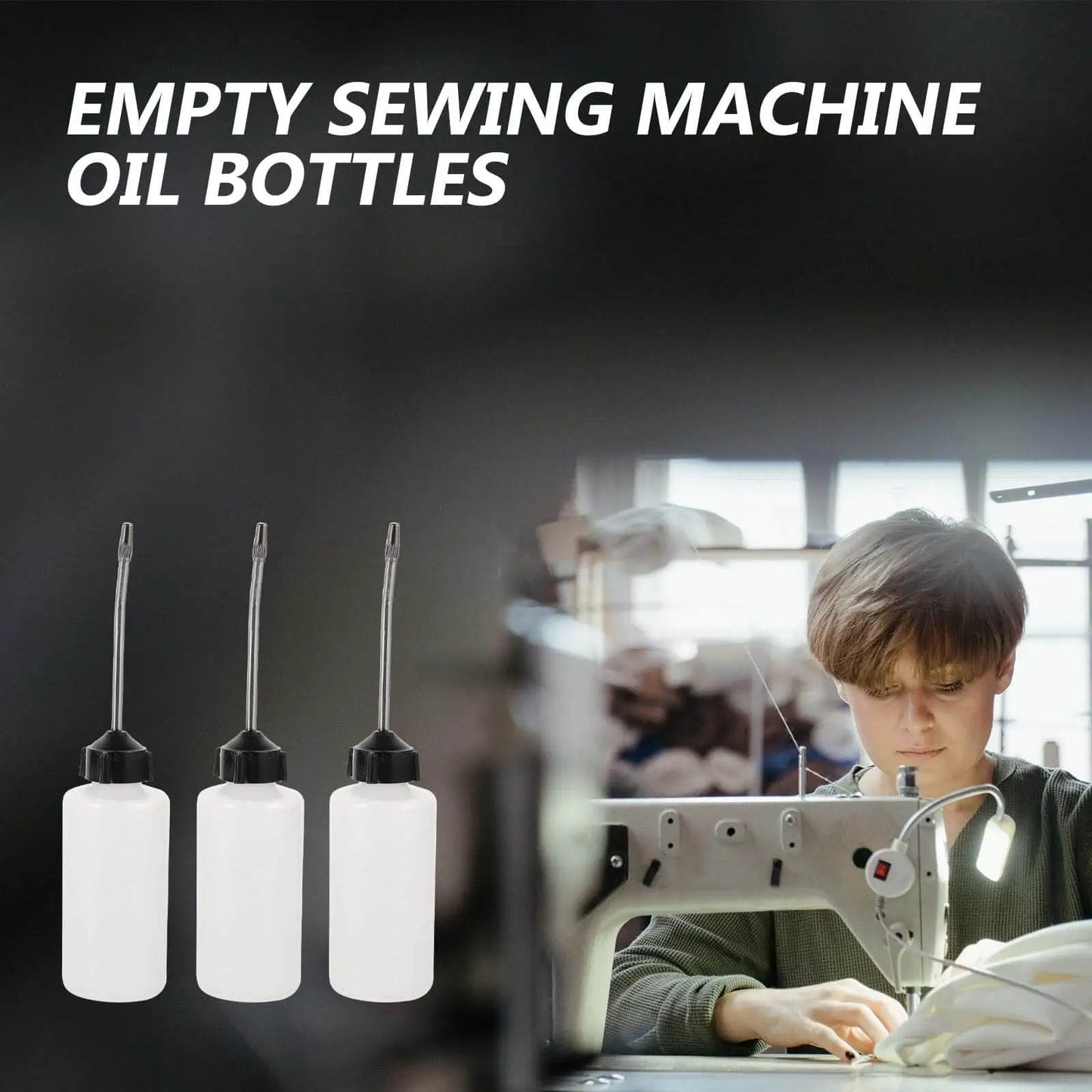 Long Mouth Nozzle Oil Bottles For Sewing Machines And Home Tools Three Pack Plastic Oiler Pots next to sewing machine in use