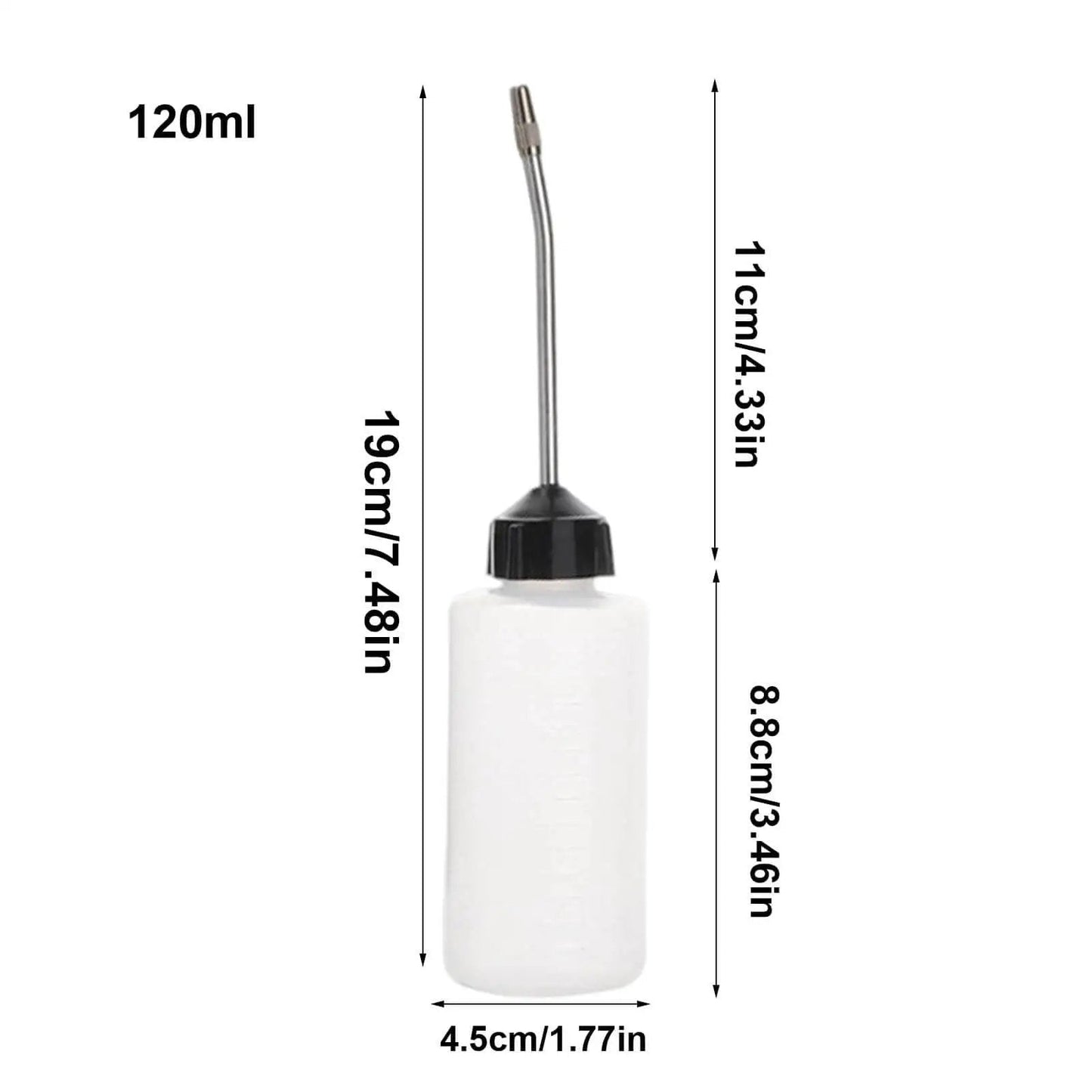 Two Pack 120ml Sewing Machine Oil Can Set With Precision Long Nozzle Lubricant showing size dimensions