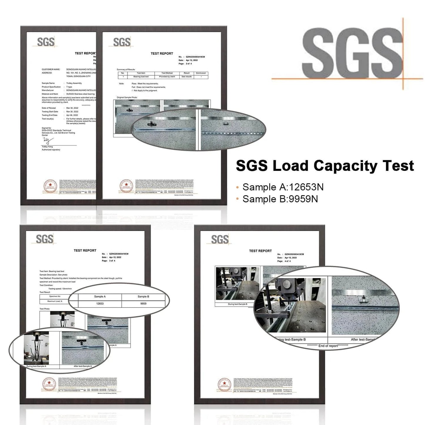 SGS load capacity test reports for 2 Wheel Trolley Assembly Rollers showing detailed analyses and results.