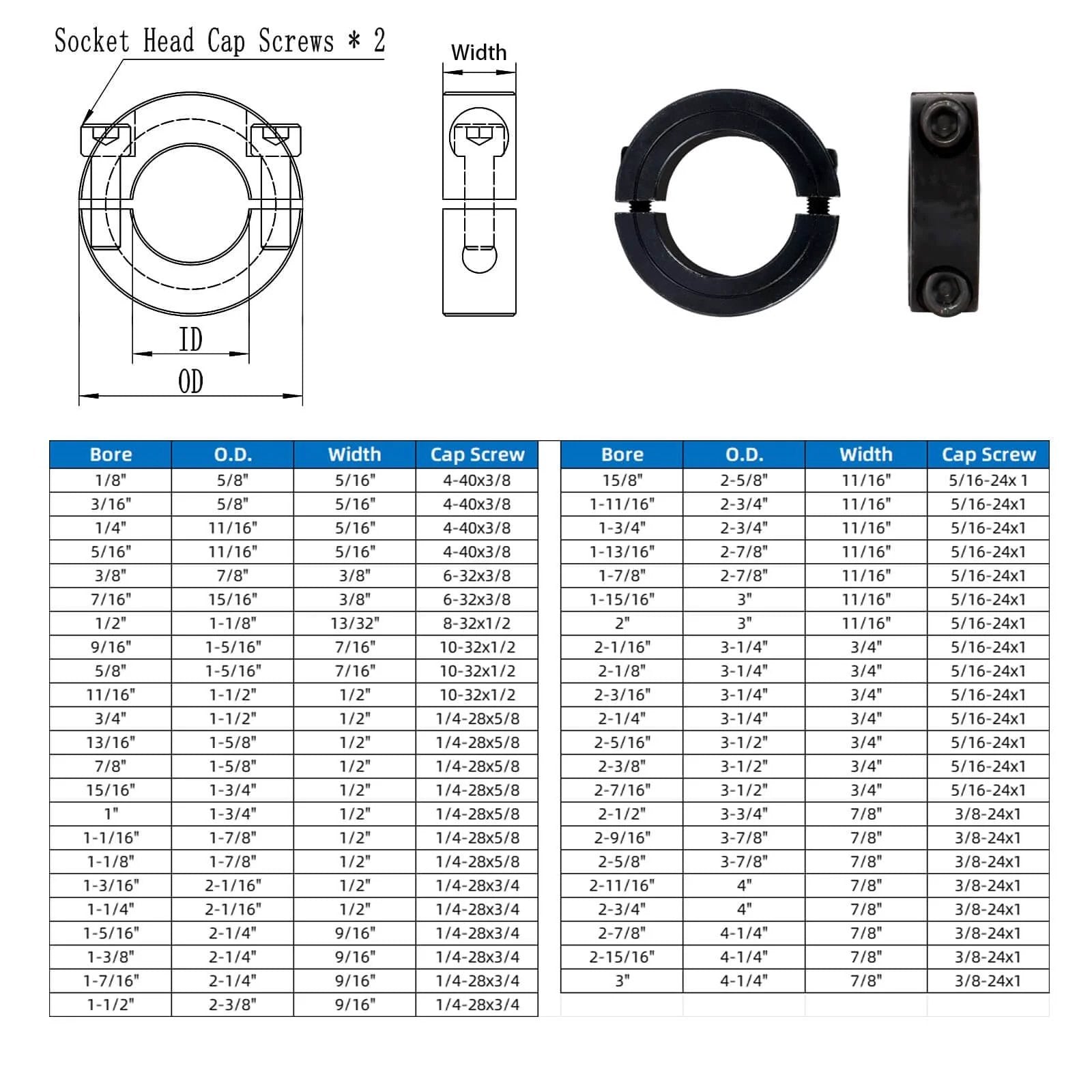 Diagram and image of (4-Pack) Shaft Collar 1" Bore, 1045 Steel Double Split Clamp-On Shaft Collars Style, with M4 Set Screws.