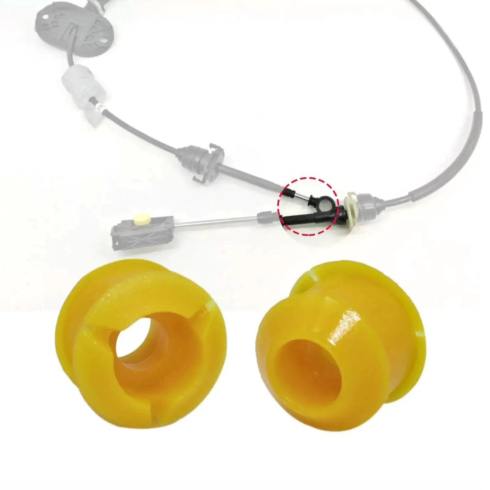 Automatic Transmission Shift Cable Bushing Repair Kit showing yellow bushings for gear selector operation fix