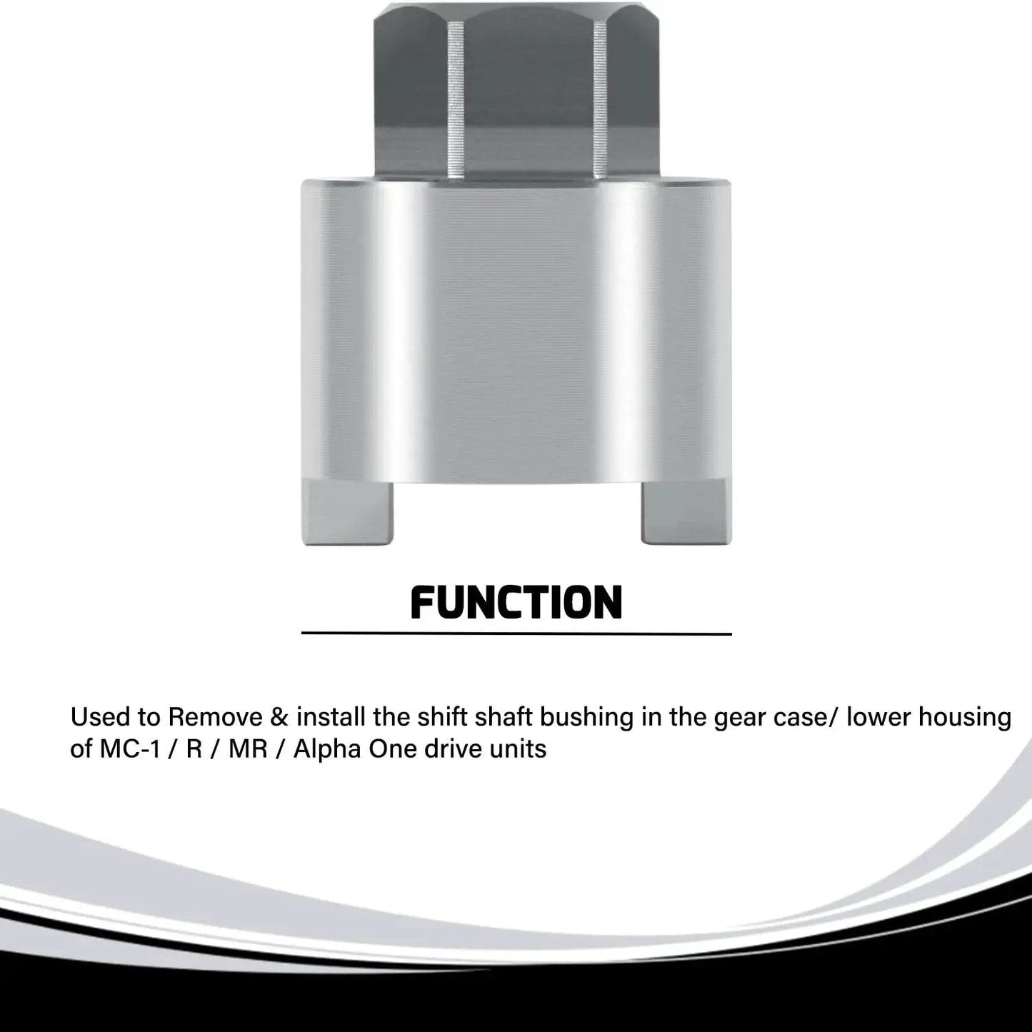 Heavy Duty Shift Shaft Bushing Tool For Mercury Mariner Mercruiser Outboards shown with function description.