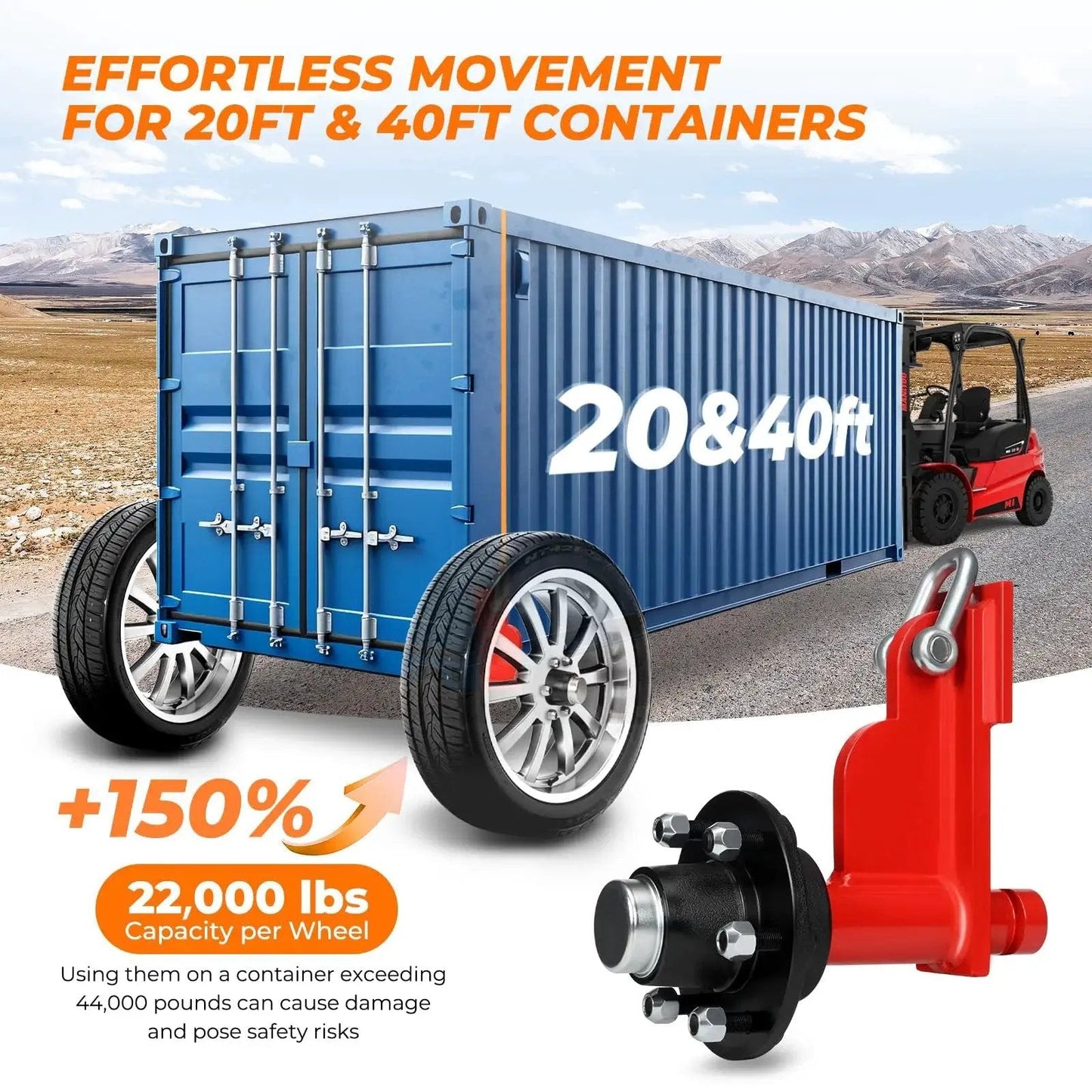 2 Pack Shipping Container Wheels 6 Lug Axles Kit With Ratchet Tie Down, moving blue container with industrial wheel.