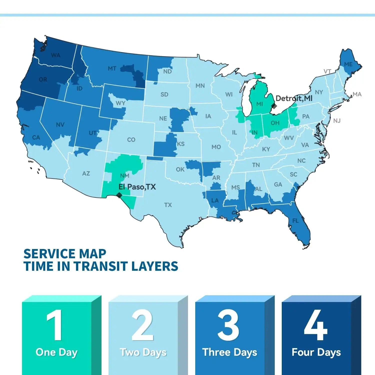U.S. map showing delivery time zones from 1 to 4 days; Detroit, MI and El Paso, TX highlighted.