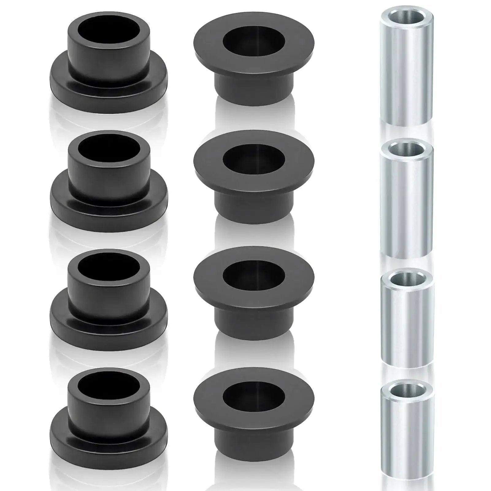 12 Pcs Shock Absorber Bushings Bearings Kit For Polaris Ranger black bushings and metallic sleeves laid out for installation