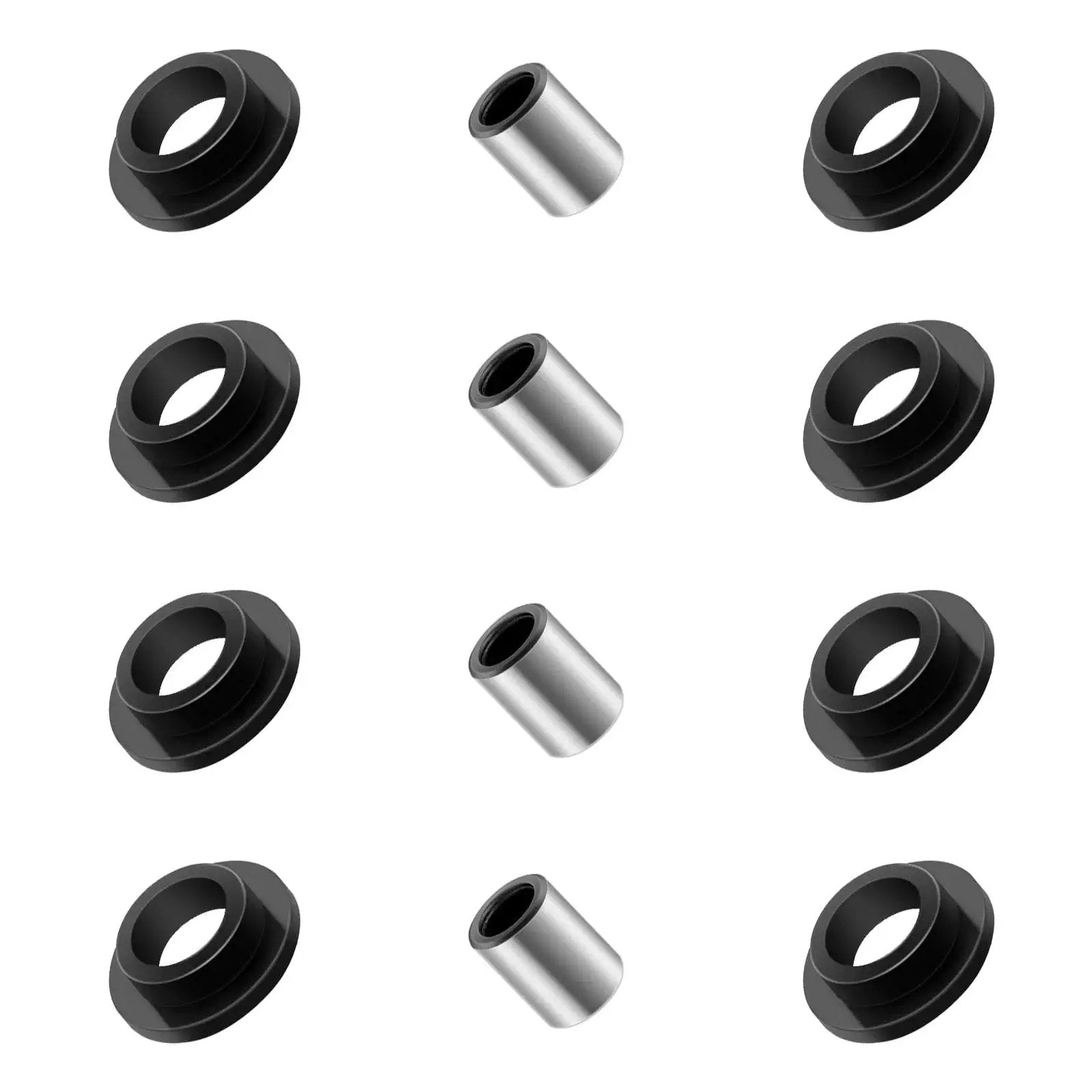 Eight Piece Shock Bushing And Four Piece Bearing Sleeve Kit 0604-310 0403-028 for Bearcat ATV models, black bushings and silver sleeves.