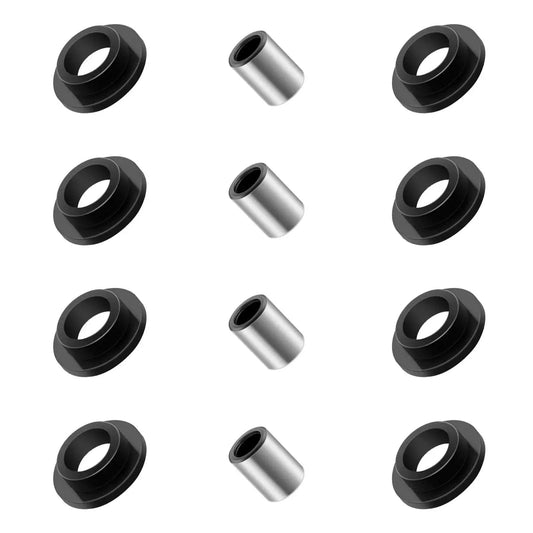 Eight Piece Shock Bushing And Four Piece Bearing Sleeve Kit 0604-310 0403-028 for Bearcat ATV models, black bushings and silver sleeves.