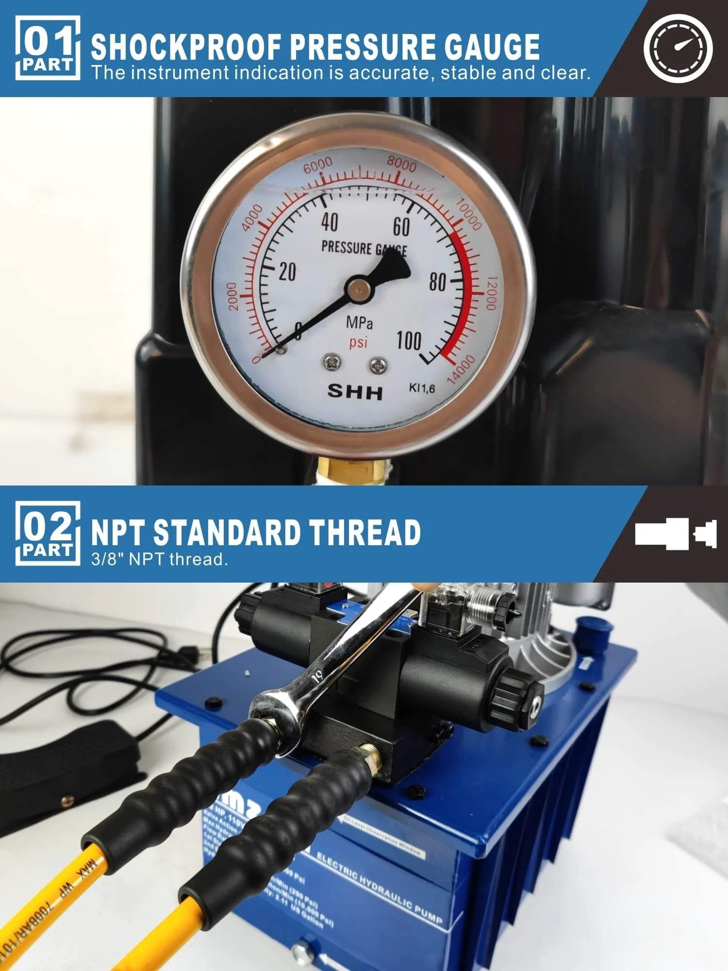 AMZCNC Two Way Electric Hydraulic Pump 10,000 PSI with shockproof pressure gauge and NPT standard thread.