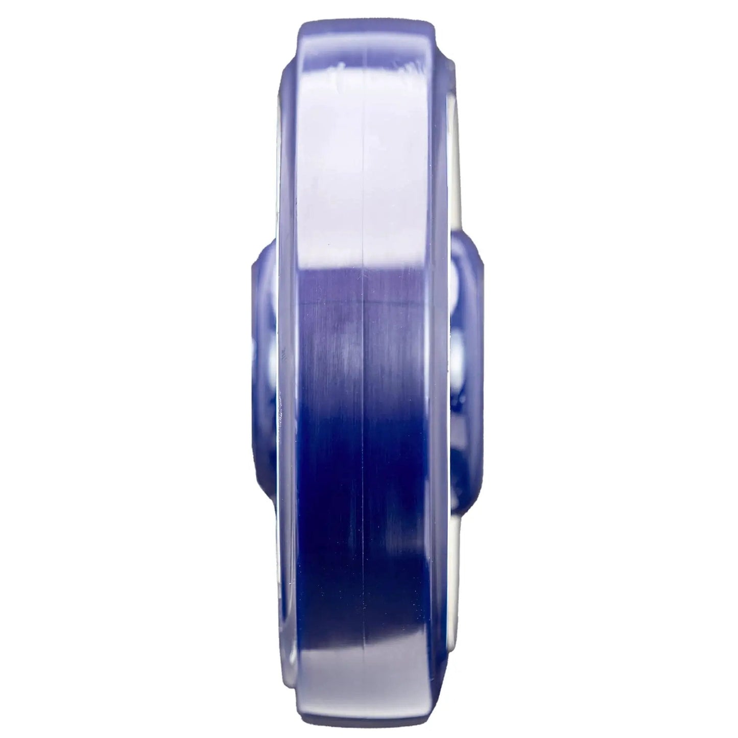 Side view of Universal Replacement Shopping Cart Wheel 5 Inch By 1.25 Inch Blue And Tan Crown TPU Tread With Dual 5 16th Precision Bearings
