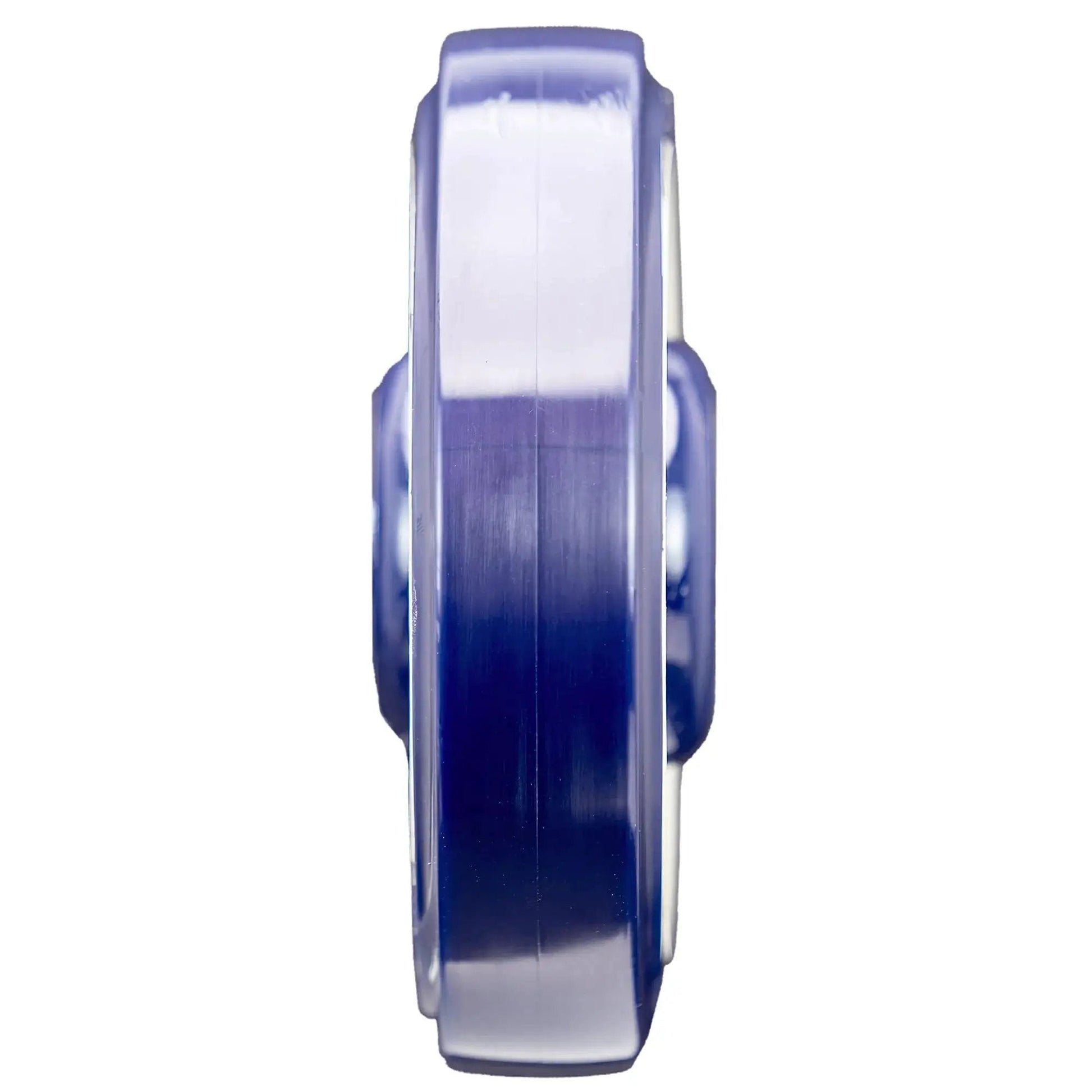 Side view of Universal Replacement Shopping Cart Wheel 5 Inch By 1.25 Inch Blue And Tan Crown TPU Tread With Dual 5 16th Precision Bearings
