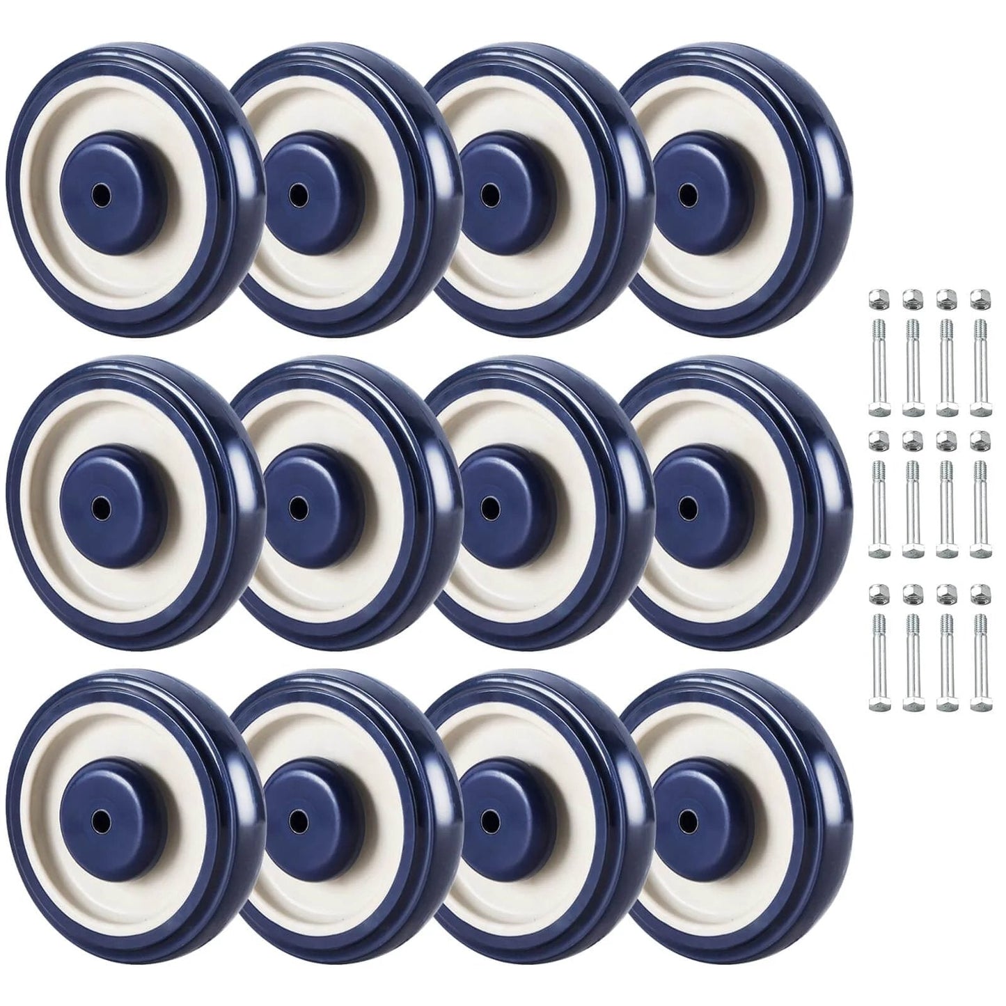 12 Pack Shopping Cart Replacement Wheels Kit with 5 Inch TPU Casters, Double Ball Bearing Silent Supermarket Cart Wheels, 5/16 Inch Bore, 120 lb Capacity Each, Includes Bolts & Locking Nuts, Grey Wheels with Blue Core