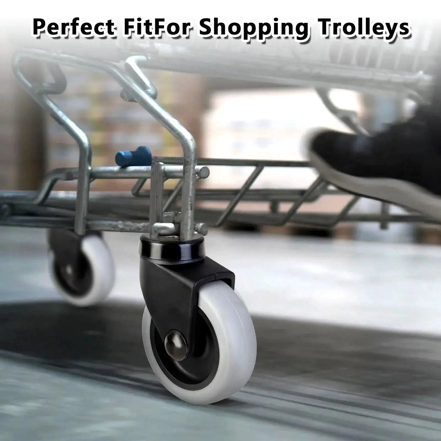Close-up of 3 Inch Mop Bucket Casters Replacement Set Of 4 Non Marking TPR Caster Wheels With Grip Ring Stem under a trolley.