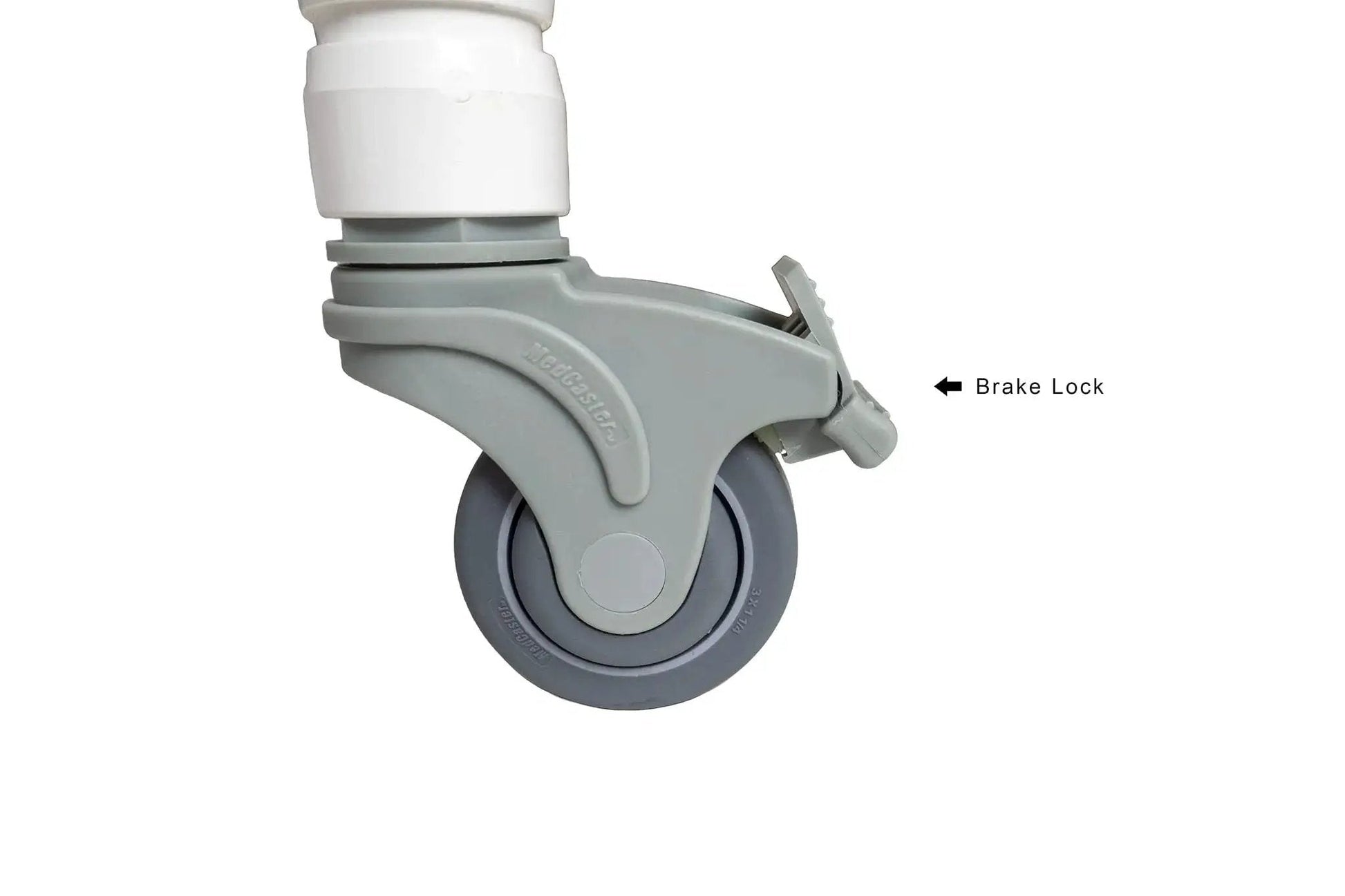 Deluxe Replacement Shower Chair Wheels Set Of Four Locking Rubber Casters With Smooth Stem, close-up of brake lock on caster