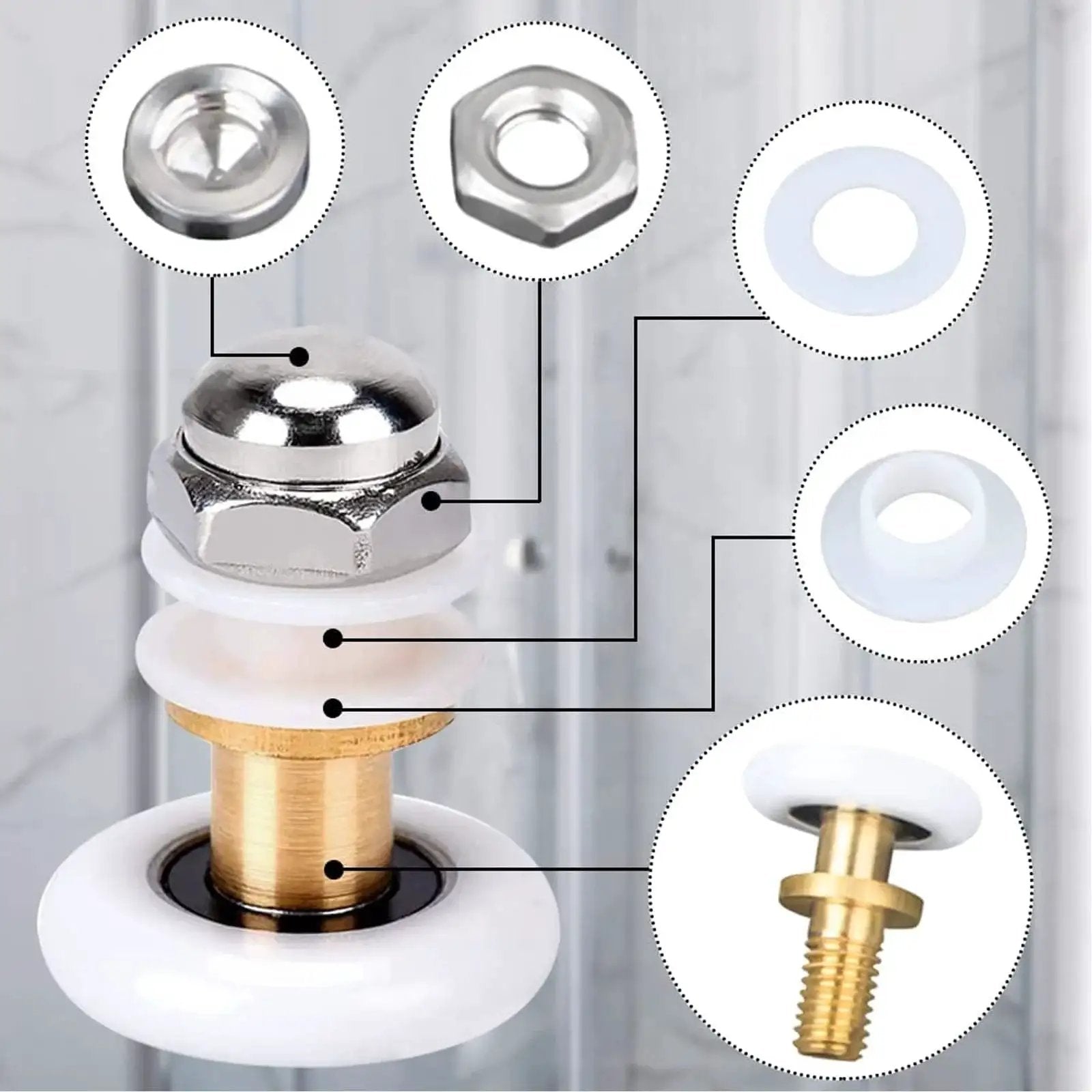 4 Pcs Shower Door Rollers Set 20mm Diameter For Glass Sliding Doors Replacement, showing copper, stainless steel, nylon bearings.