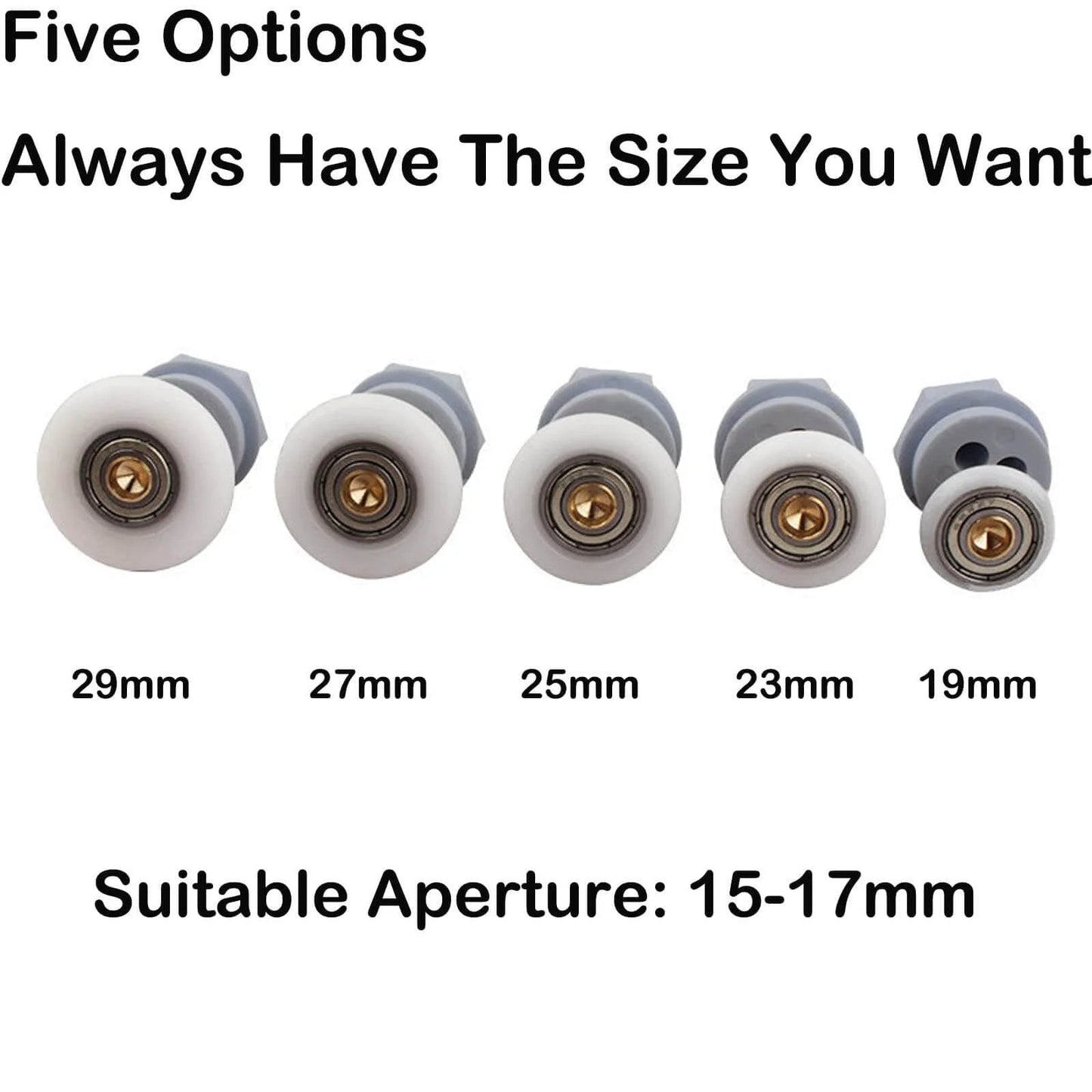 Set of five shower door rollers, sizes 29mm to 19mm, with copper rods and nylon runners, suitable aperture 15-17mm.