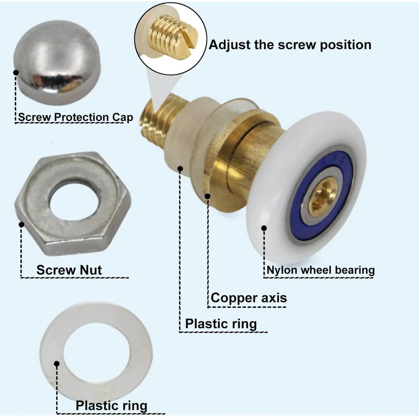 23mm Shower Door Rollers Replacement 4PCS Set for Bathroom Glass Sliding Doors showing components: copper axis, nylon wheel bearing, screw protection cap, screw nut, and plastic ring.